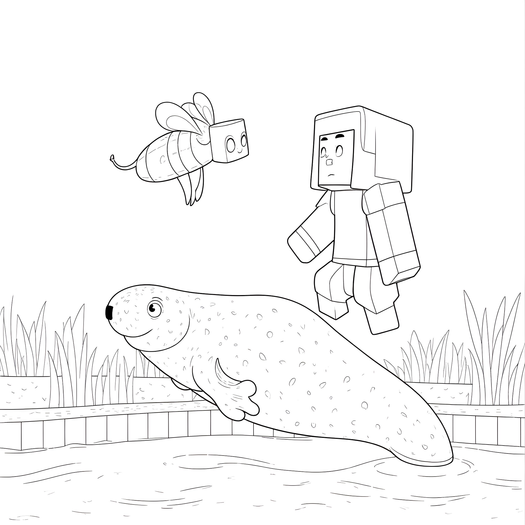 Bee and robot observing a seal in the water Coloring Page (free black-and-white line drawing printable PDF for all, from beginners to advanced learners, including children, teens, adults, and seniors)