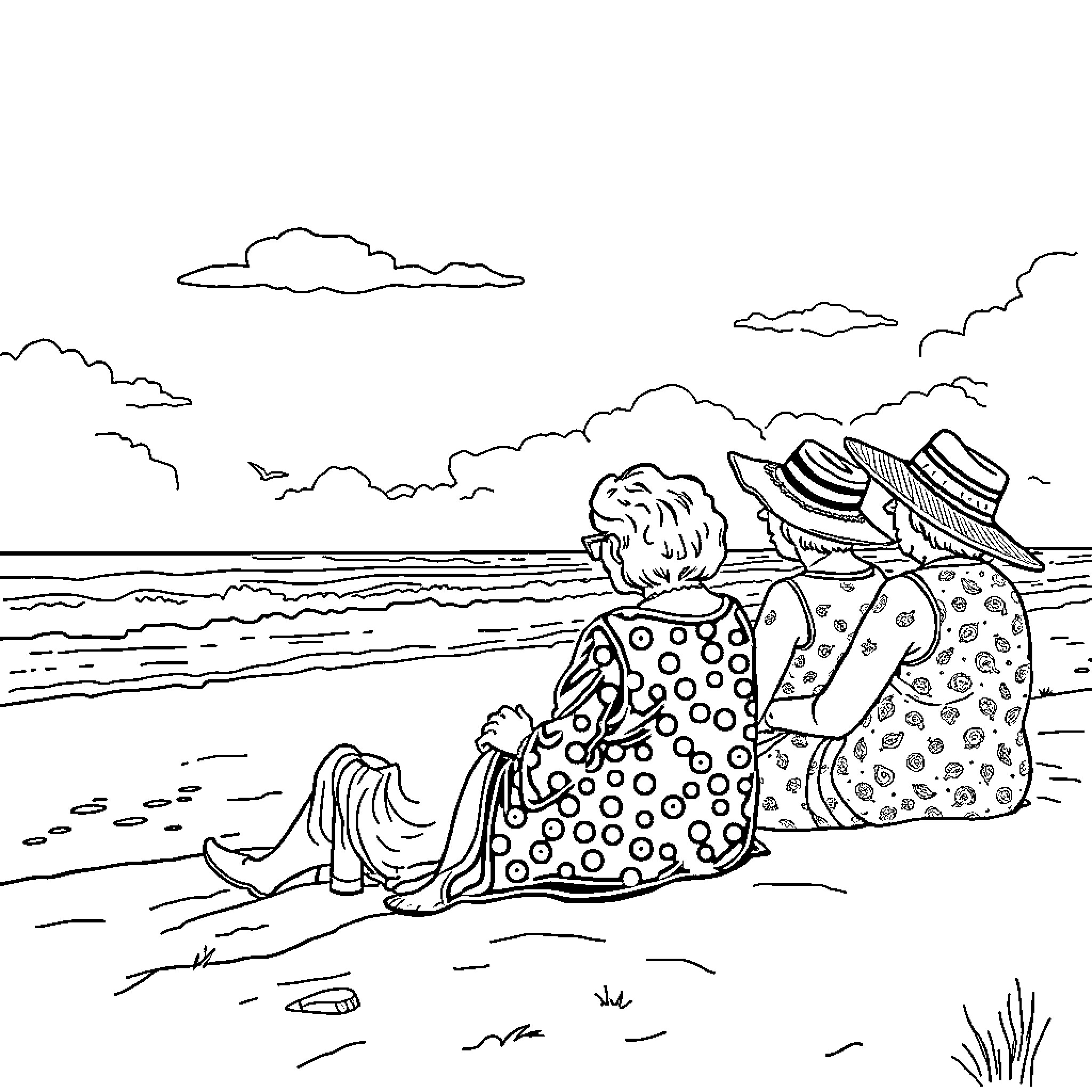 Old Lady Relaxing on the Beach Coloring Page (free black-and-white line drawing printable PDF for all, from beginners to advanced learners, including children, teens, adults, and seniors)