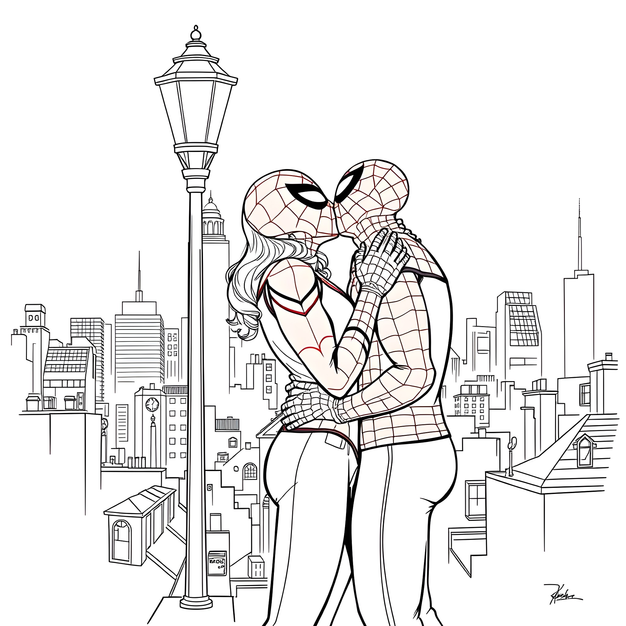 Spiderman embraces his love interest in the city Coloring Page (free black-and-white line drawing printable PDF for all, from beginners to advanced learners, including children, teens, adults, and seniors)