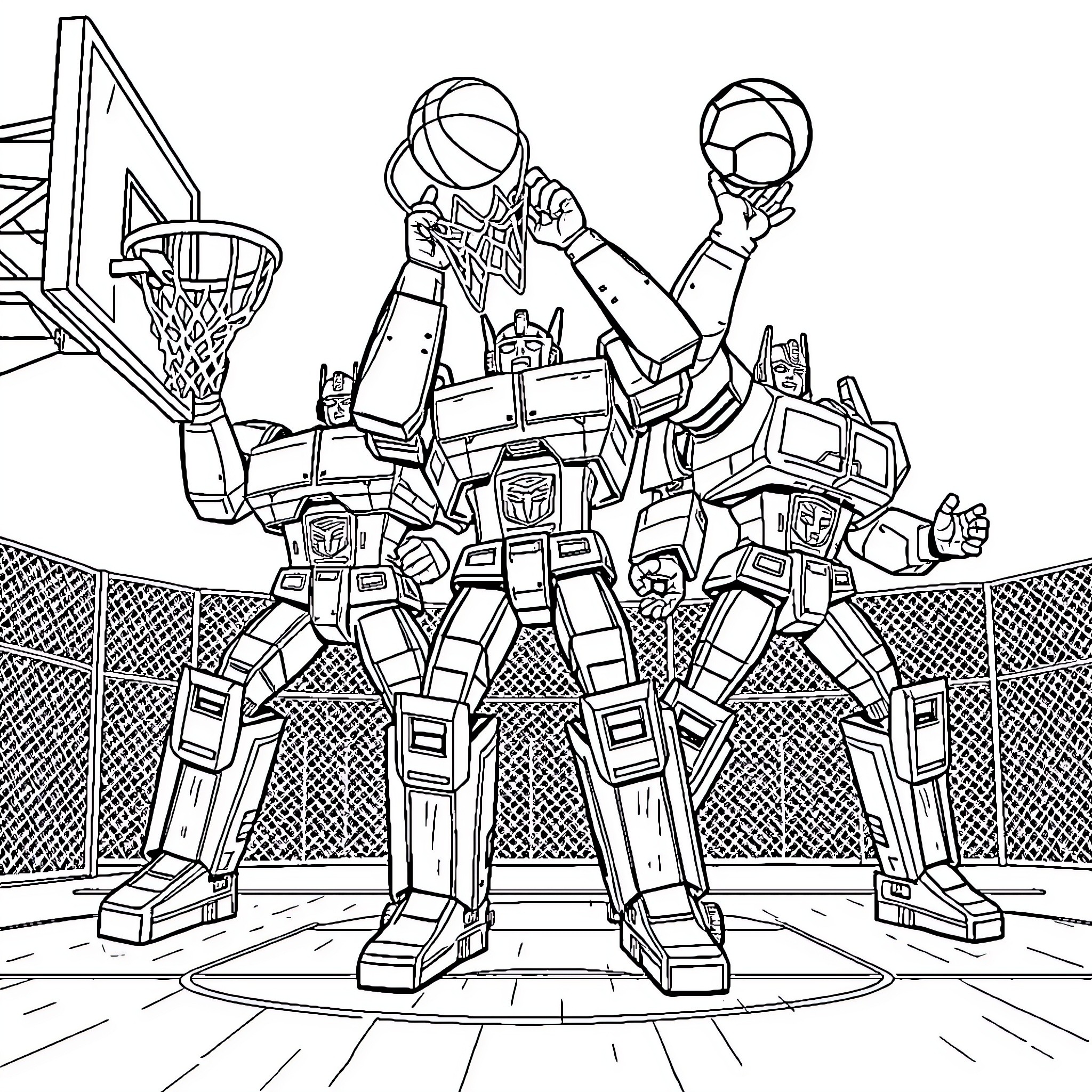 Transformer robots playing basketball on court Coloring Page (free black-and-white line drawing printable PDF for all, from beginners to advanced learners, including children, teens, adults, and seniors)