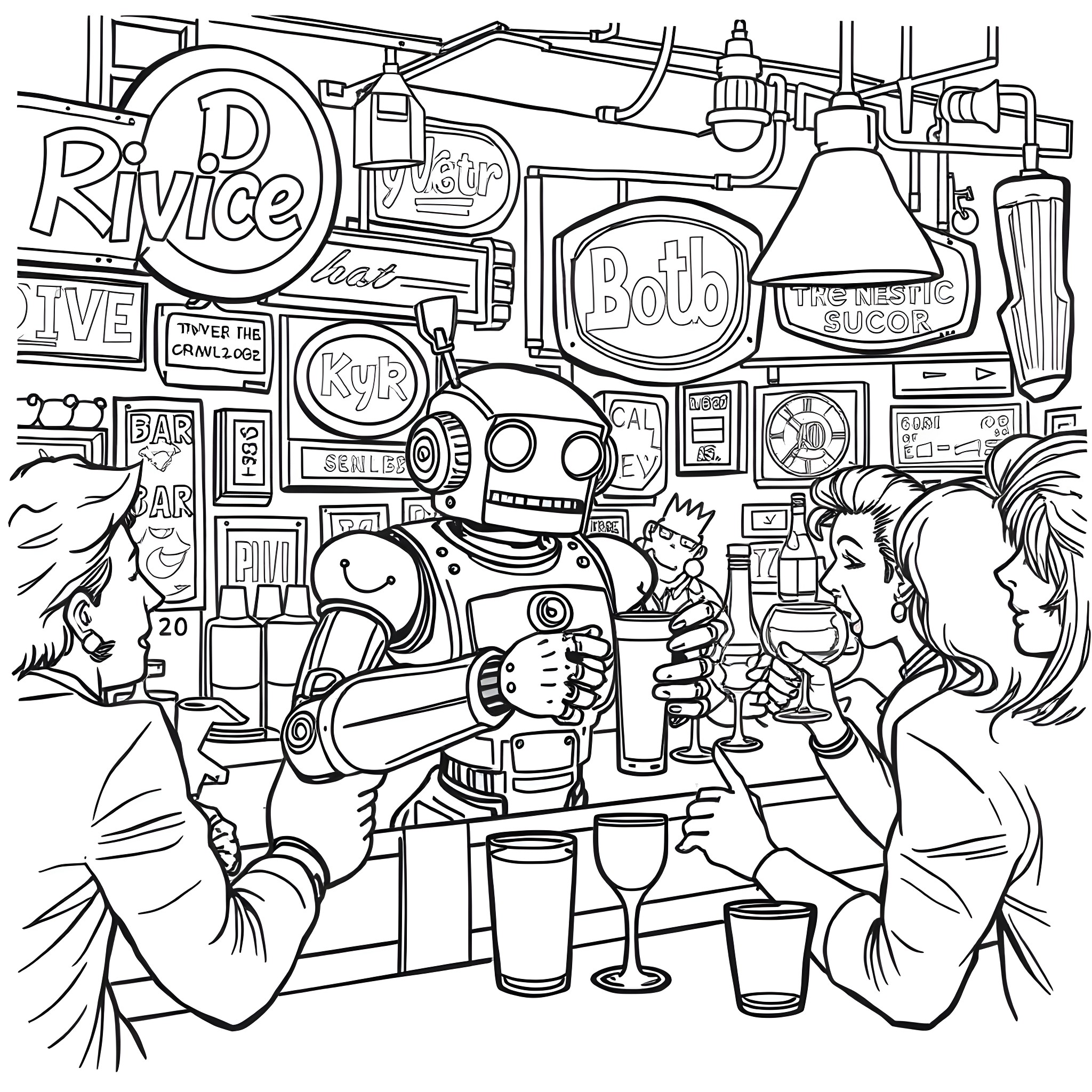 Robot bartender serving drinks at a lively bar Coloring Page (free black-and-white line drawing printable PDF for all, from beginners to advanced learners, including children, teens, adults, and seniors)