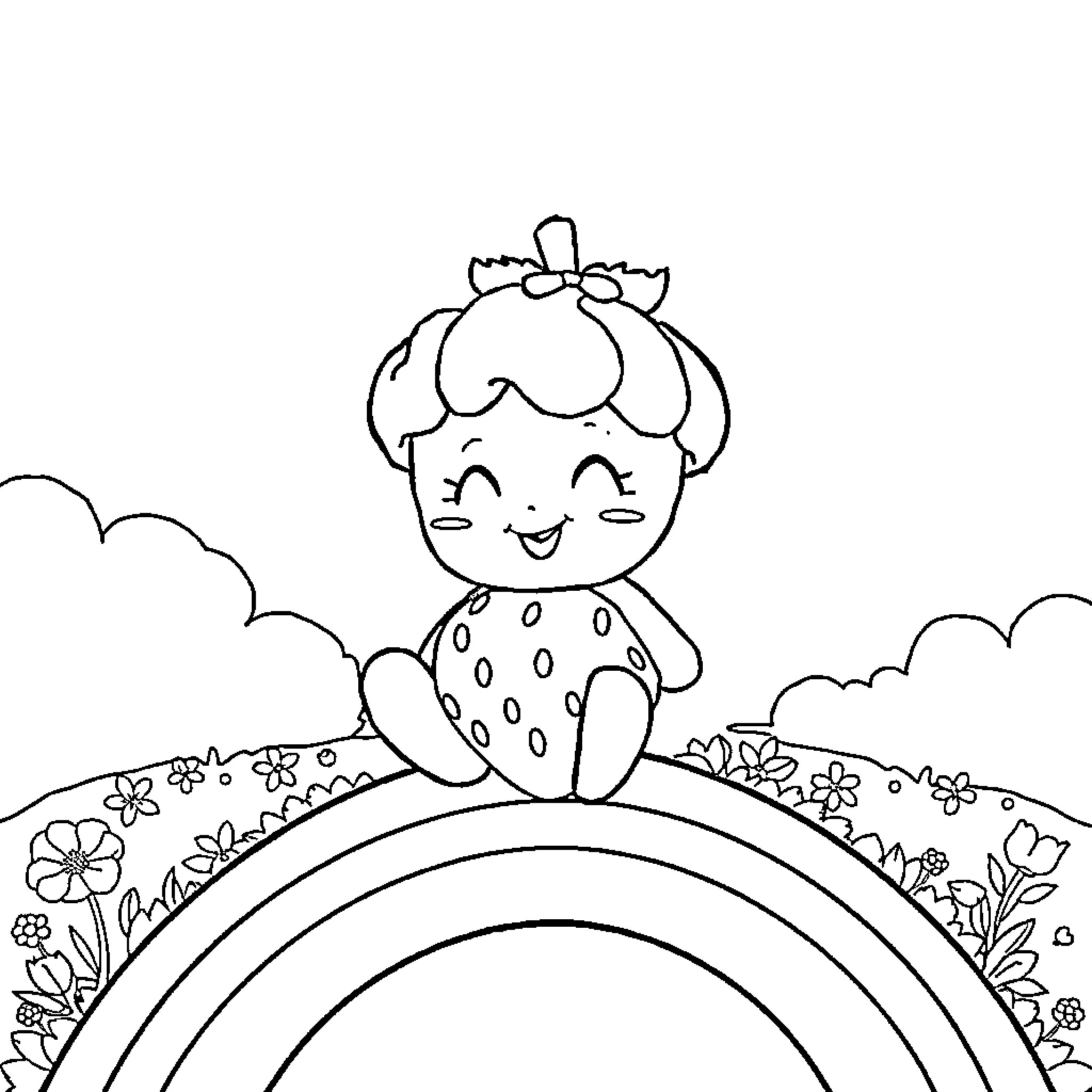 Strawberry Child Resting on Flowery Rainbow Coloring Page (free black-and-white line drawing printable PDF for all, from beginners to advanced learners, including children, teens, adults, and seniors)