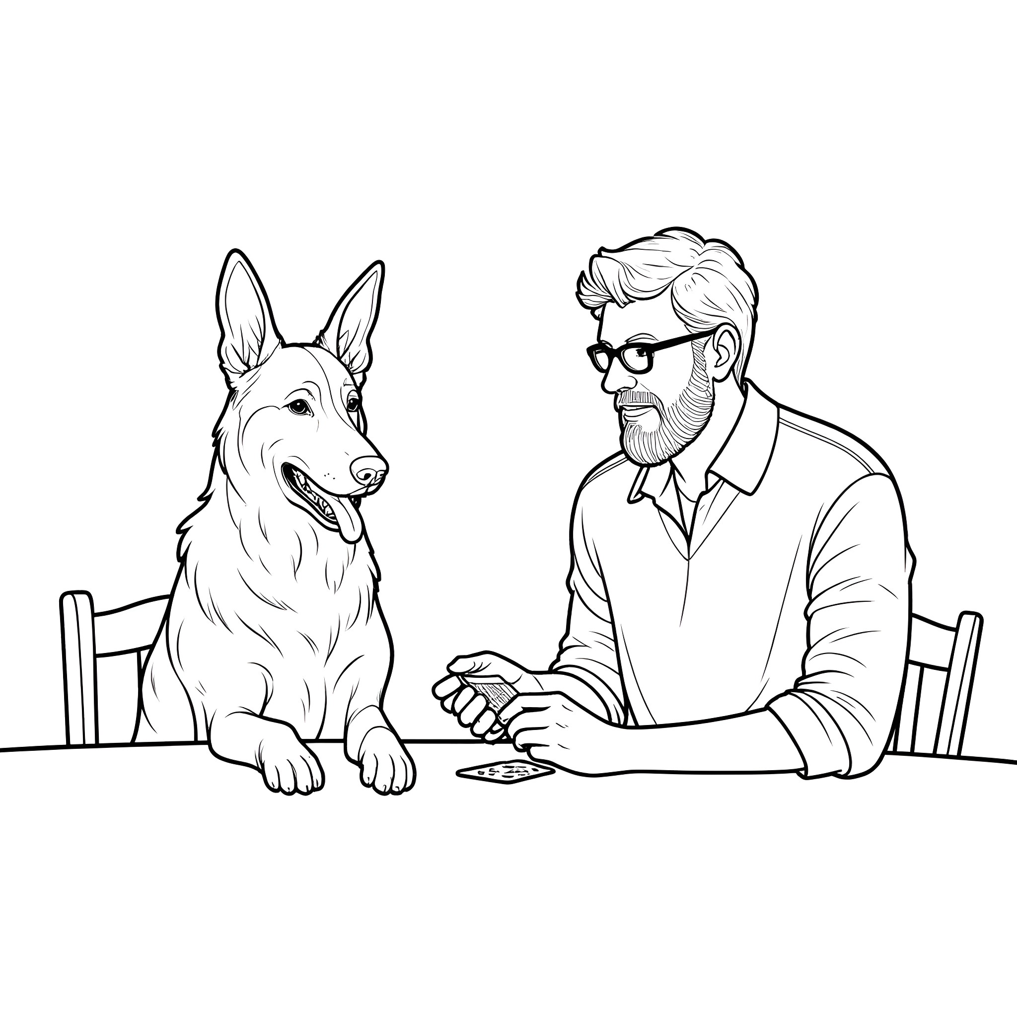 Guy Plays with Friendly Dog at Table Coloring Page (free black-and-white line drawing printable PDF for all, from beginners to advanced learners, including children, teens, adults, and seniors)