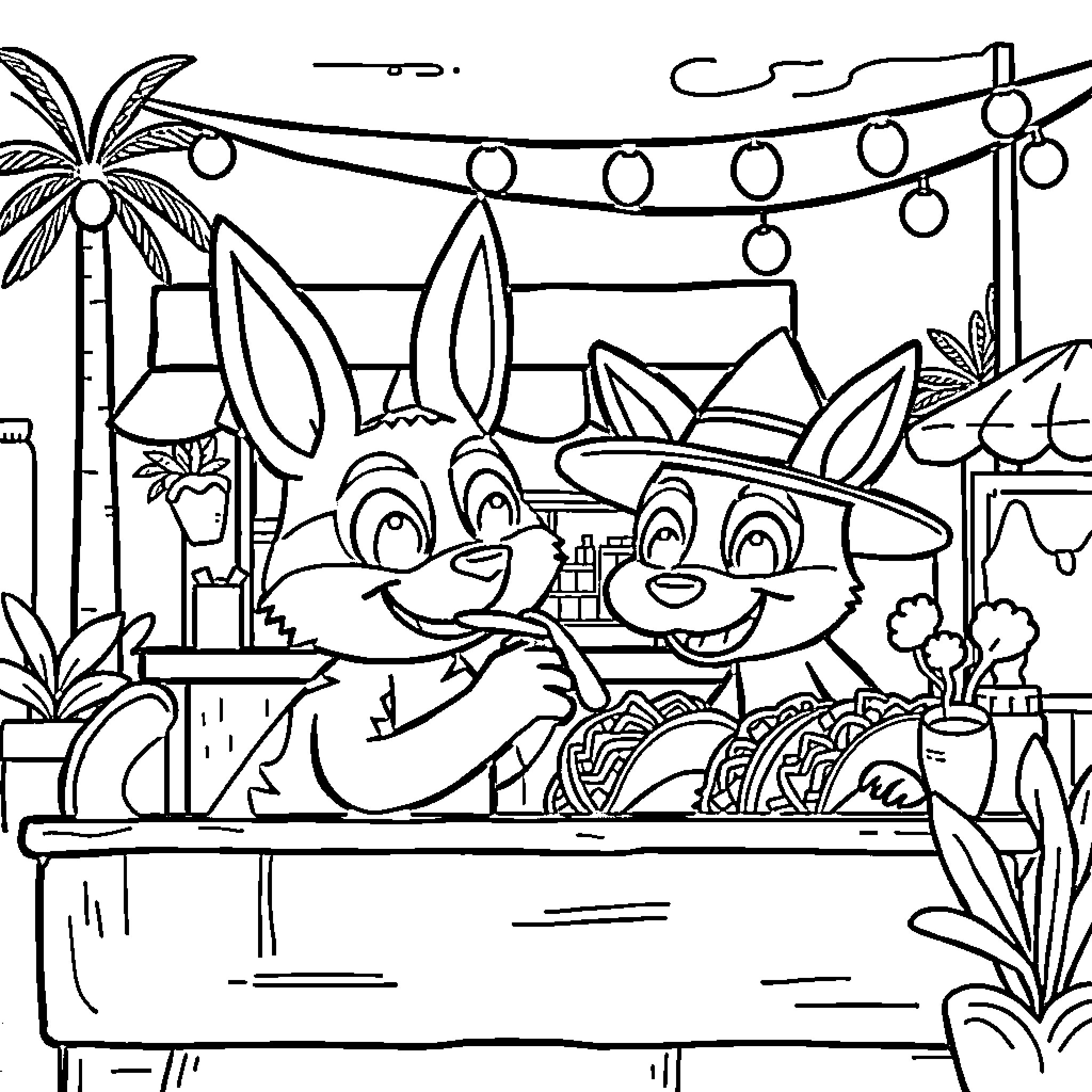 Huntrix's Festive Rabbit Friends in Paradise Coloring Page (free black-and-white line drawing printable PDF for all, from beginners to advanced learners, including children, teens, adults, and seniors)