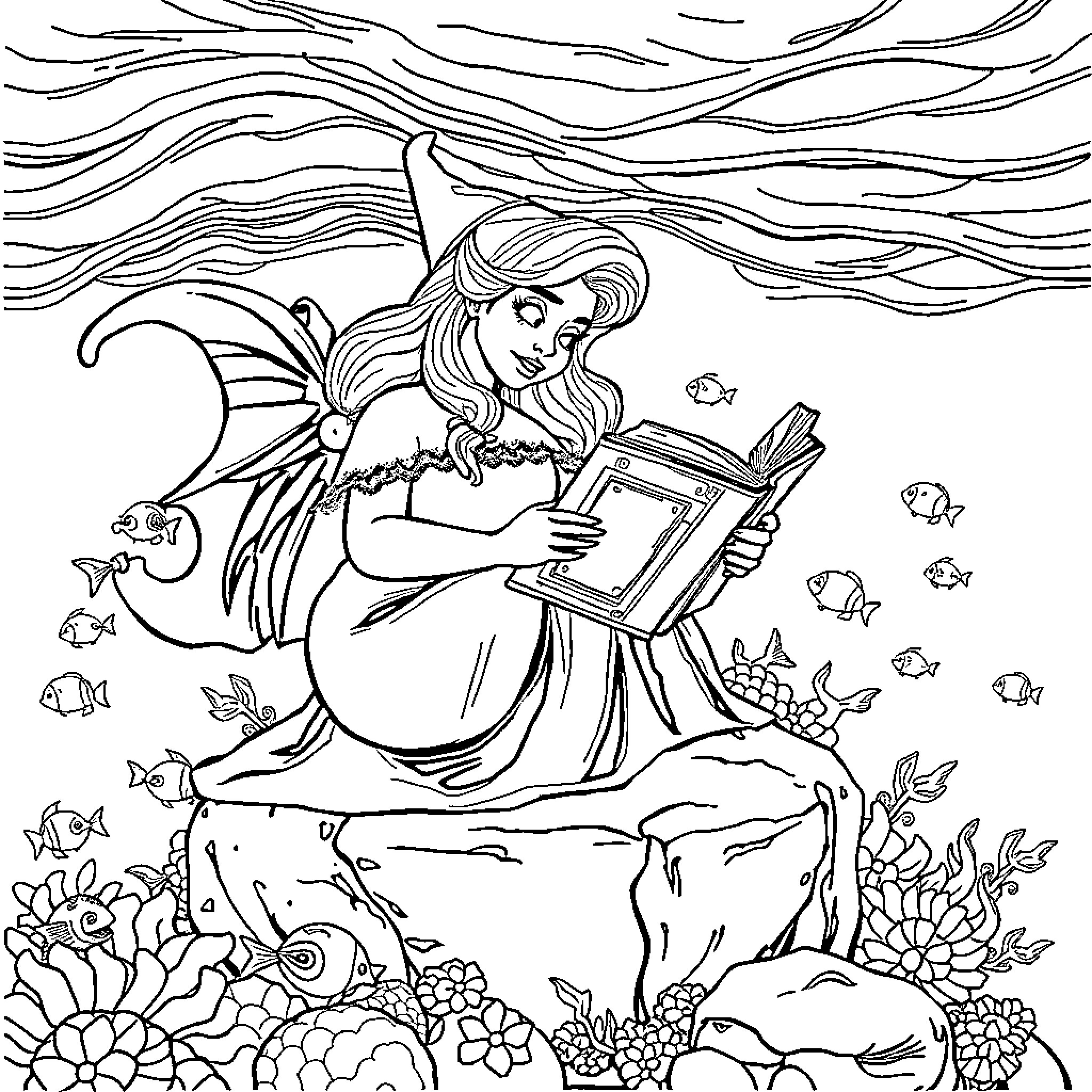 Ursula reading a book while sitting on a rock in the ocean Coloring Page (free black-and-white line drawing printable PDF for all, from beginners to advanced learners, including children, teens, adults, and seniors)