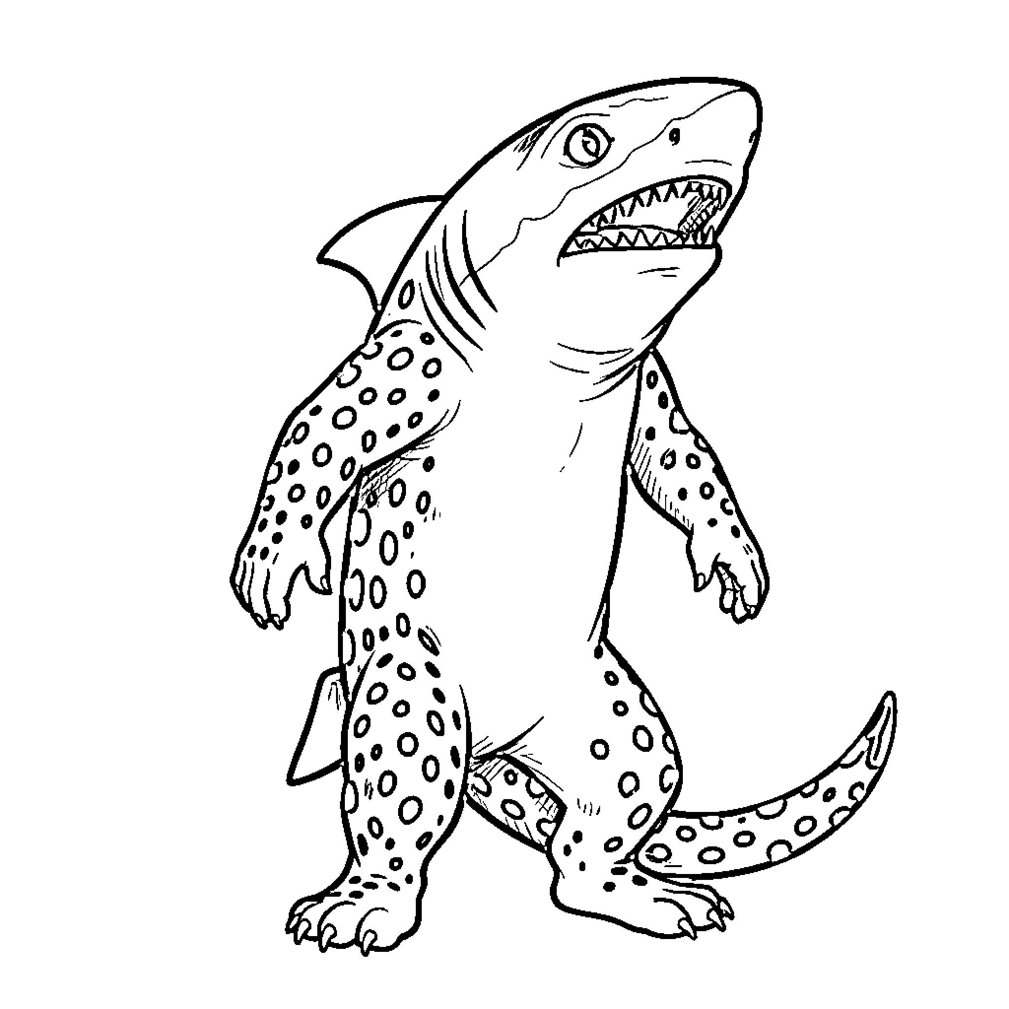Shark Cheetah Hybrid standing in a walking pose Coloring Page (free black-and-white line drawing printable PDF for all, from beginners to advanced learners, including children, teens, adults, and seniors)