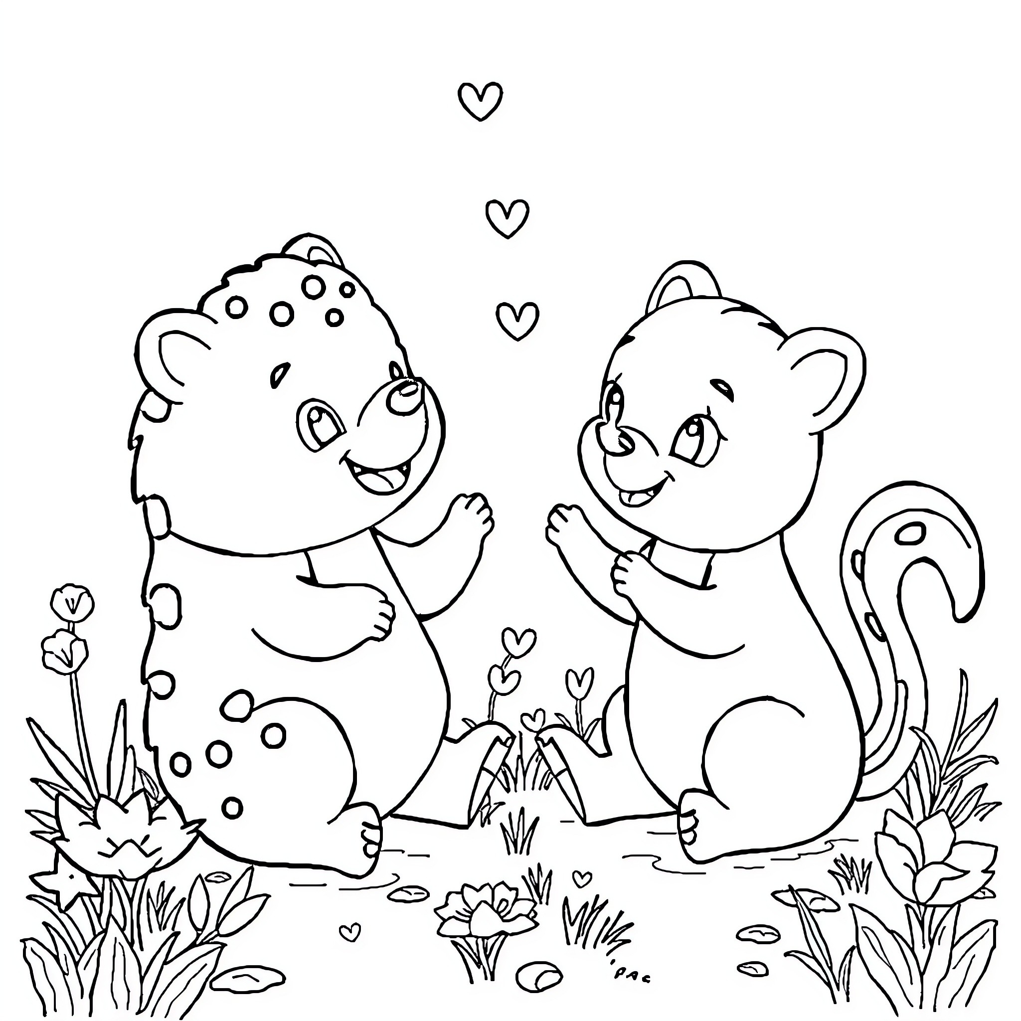 Animal friends dancing in nature Coloring Page (free black-and-white line drawing printable PDF for all, from beginners to advanced learners, including children, teens, adults, and seniors)