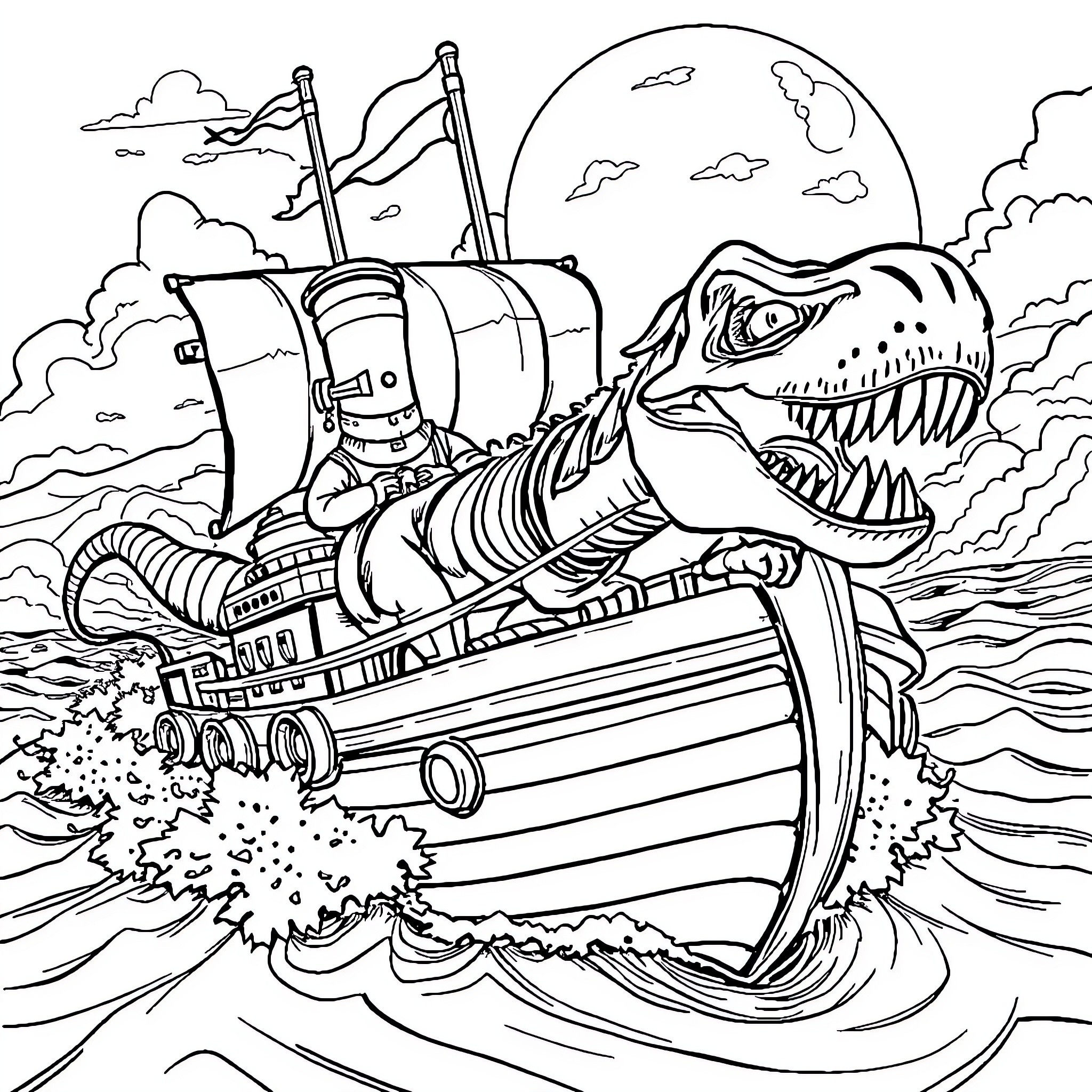 Battleship with a ferocious sea monster attack Coloring Page (free black-and-white line drawing printable PDF for all, from beginners to advanced learners, including children, teens, adults, and seniors)