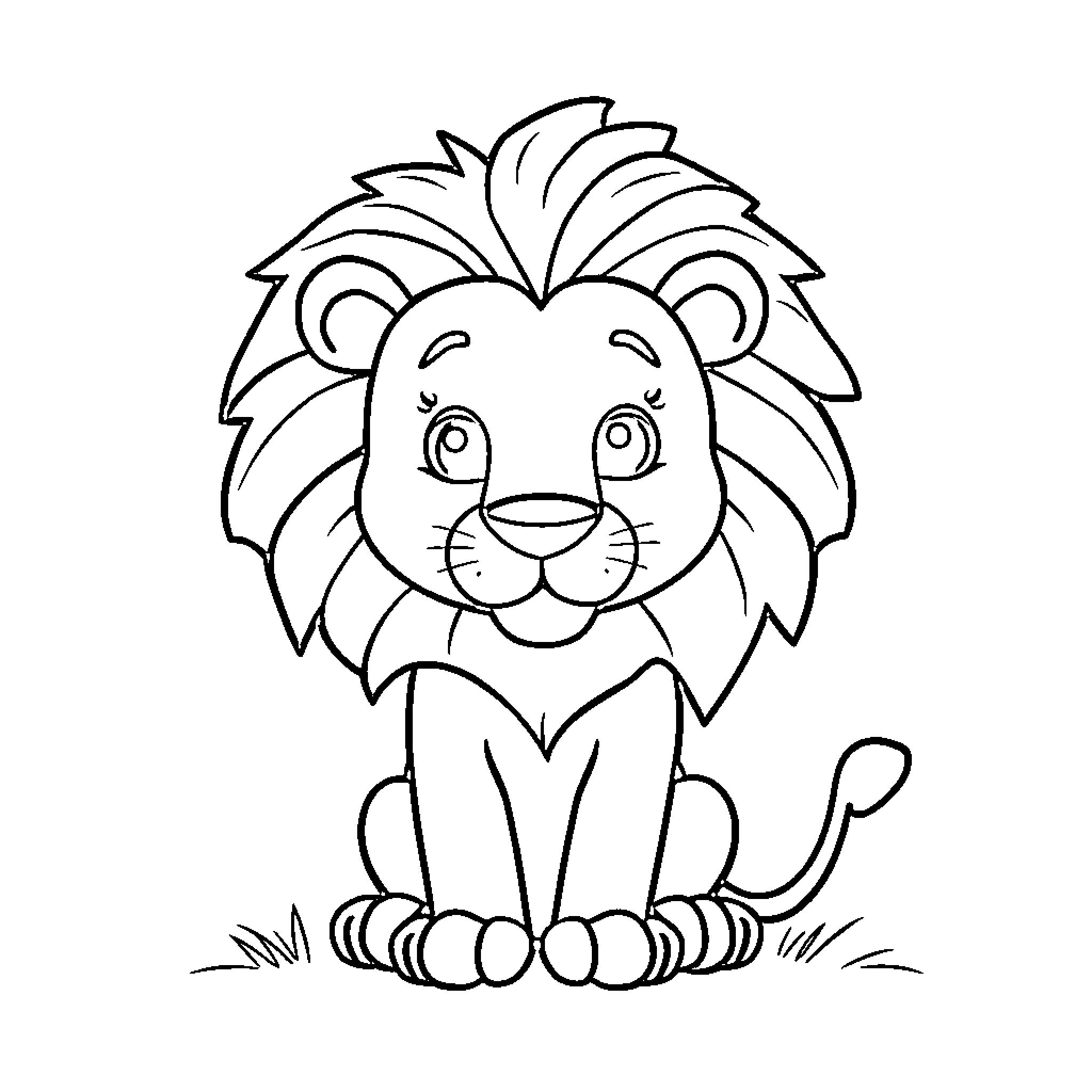 Lion sitting on grass with happy expression Coloring Page (free black-and-white line drawing printable PDF for all, from beginners to advanced learners, including children, teens, adults, and seniors)