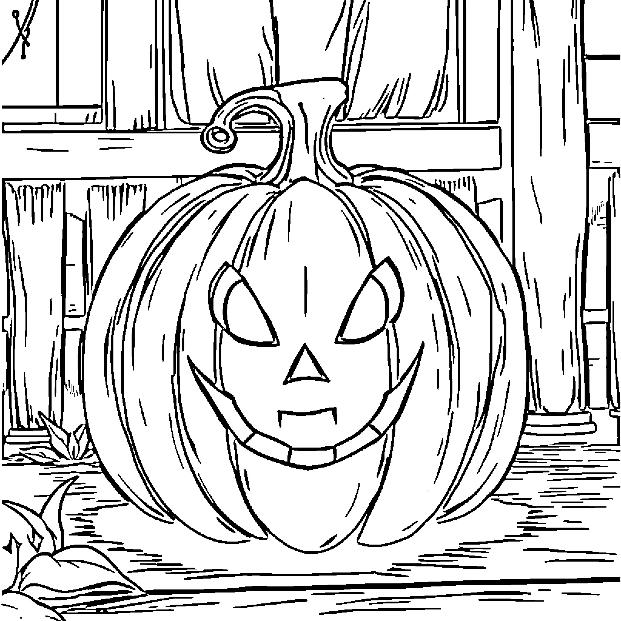 Pumpkin with carved face in spooky forest Coloring Page (free black-and-white line drawing printable PDF for all, from beginners to advanced learners, including children, teens, adults, and seniors)