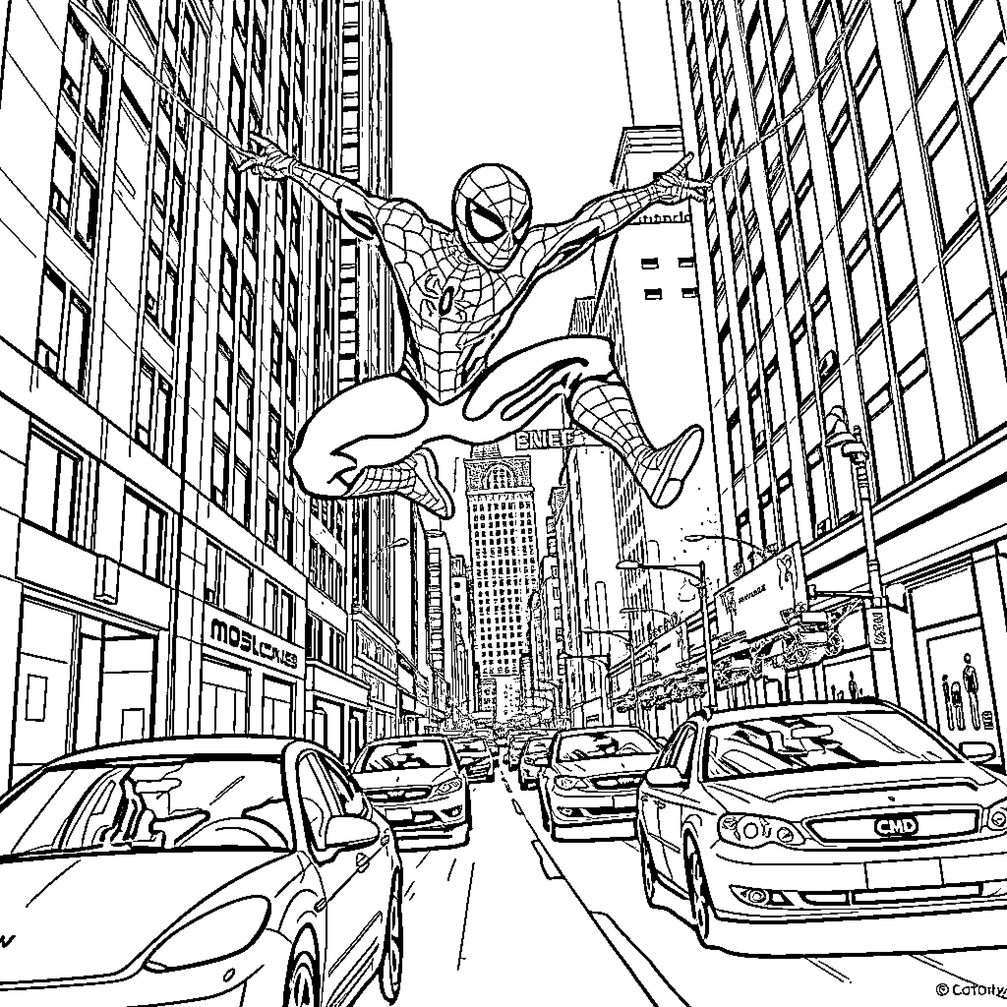 Spider-Man swinging over the bustling city streets Coloring Page (free black-and-white line drawing printable PDF for all, from beginners to advanced learners, including children, teens, adults, and seniors)