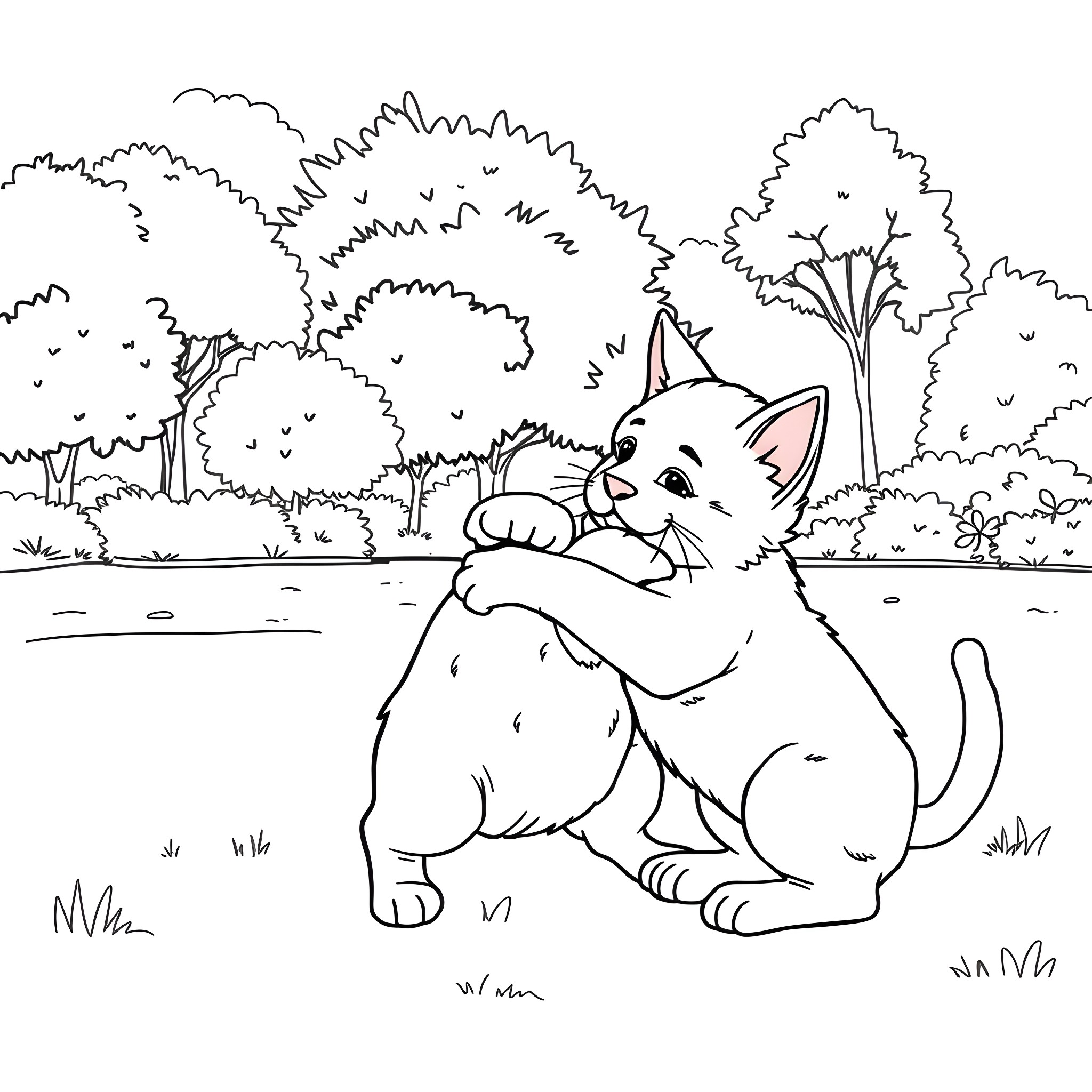 Cat exploring the forest landscape Coloring Page (free black-and-white line drawing printable PDF for all, from beginners to advanced learners, including children, teens, adults, and seniors)