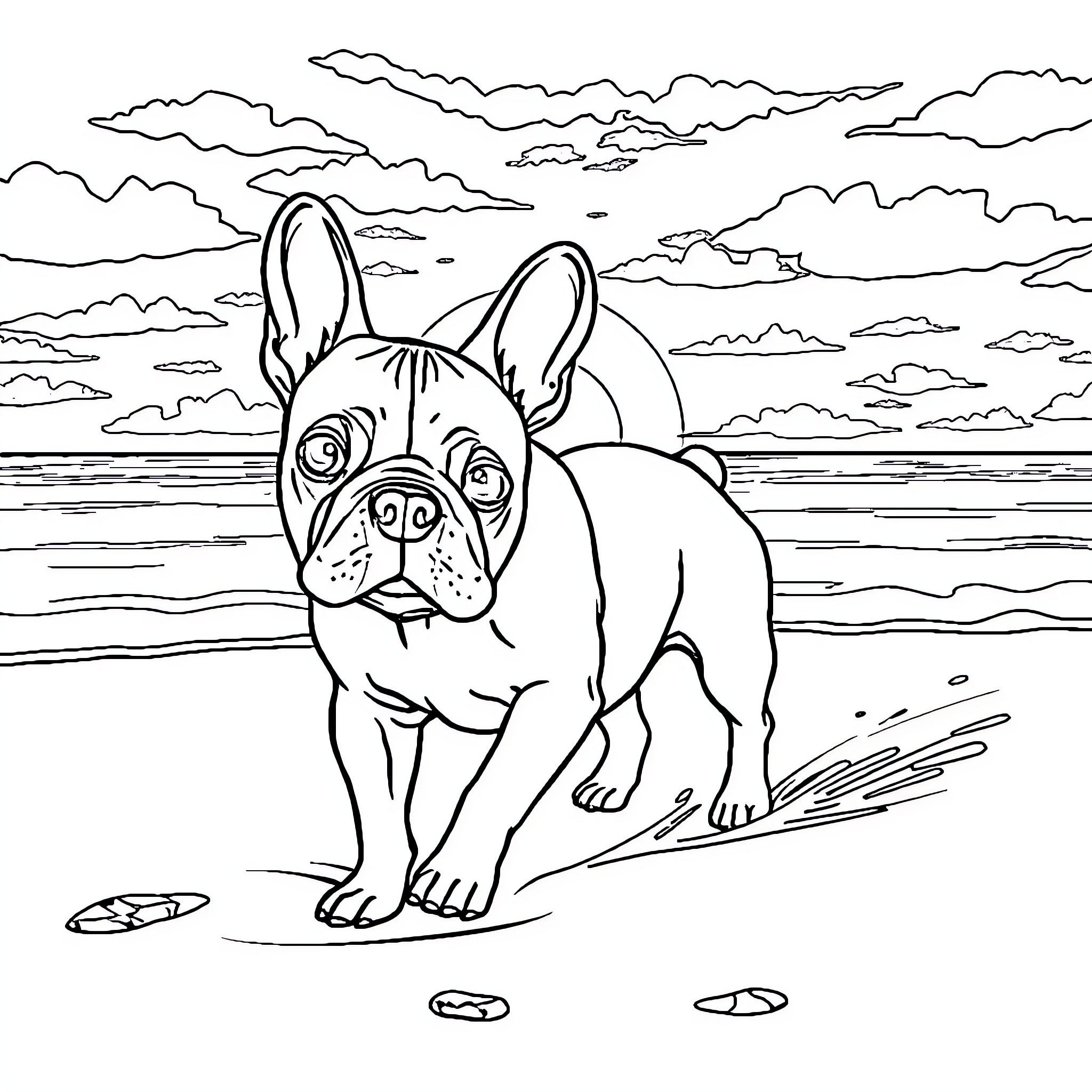 French Bulldog playing on the beach Coloring Page (free black-and-white line drawing printable PDF for all, from beginners to advanced learners, including children, teens, adults, and seniors)