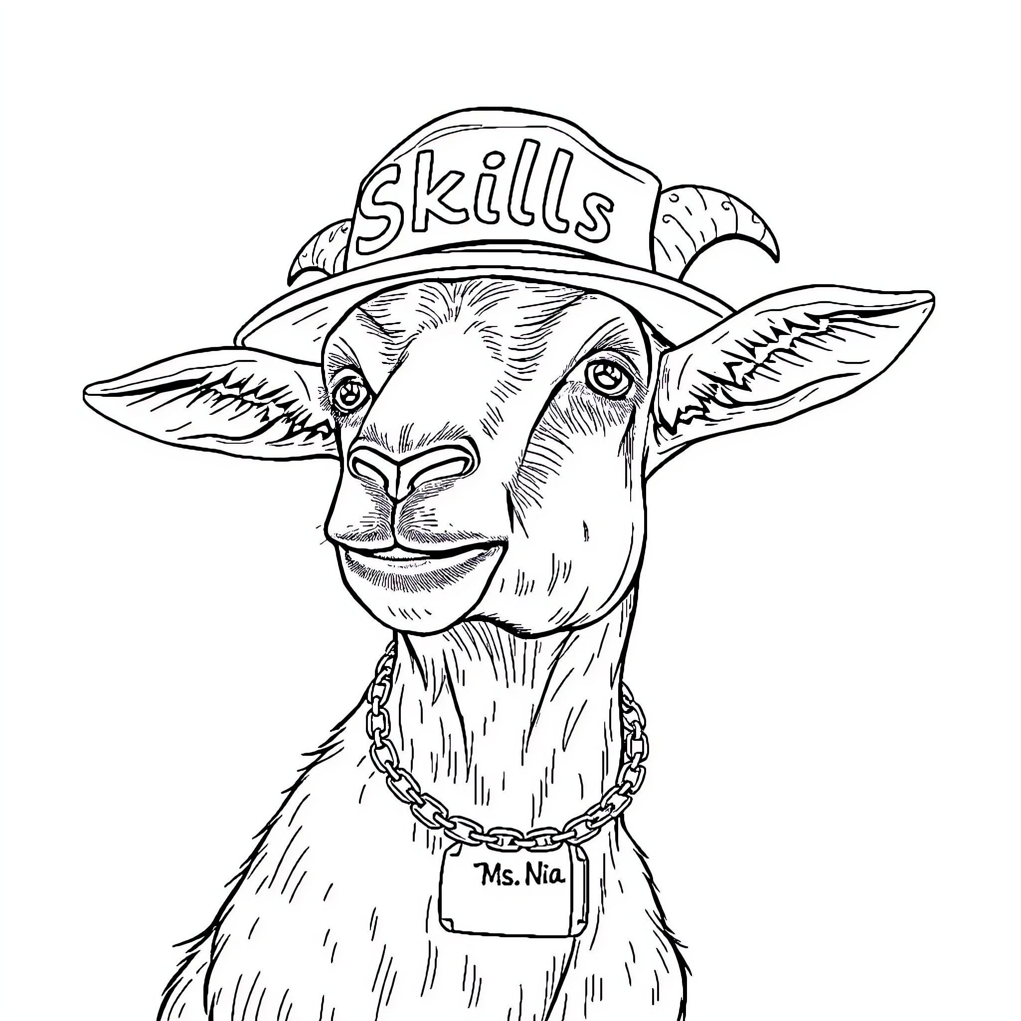 Goat wearing stylish hat and necklace Coloring Page (free black-and-white line drawing printable PDF for all, from beginners to advanced learners, including children, teens, adults, and seniors)