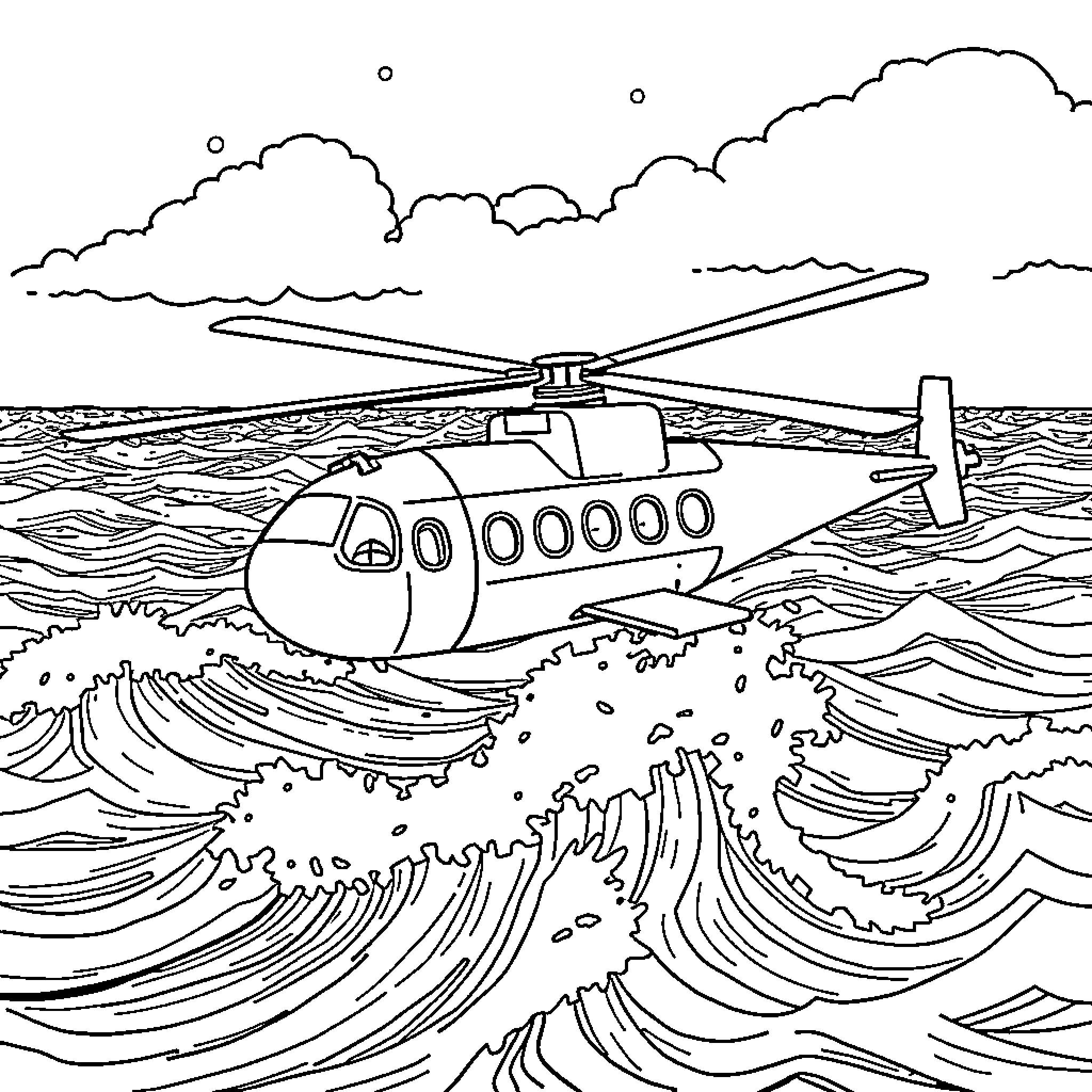 Submarine Helicopter hovering over rough ocean waves Coloring Page (free black-and-white line drawing printable PDF for all, from beginners to advanced learners, including children, teens, adults, and seniors)