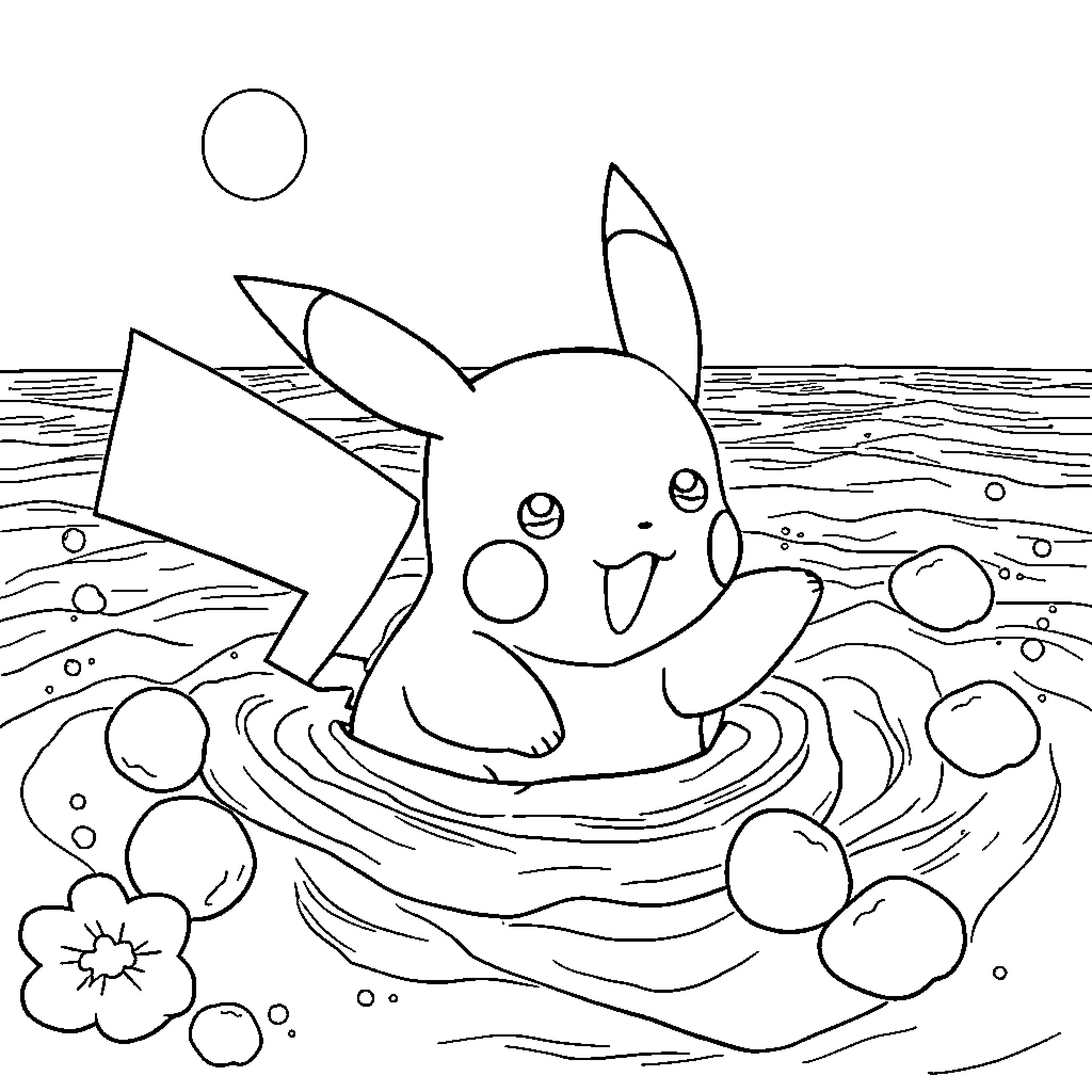 Pikachu relaxing in a bubbly pond Coloring Page (free black-and-white line drawing printable PDF for all, from beginners to advanced learners, including children, teens, adults, and seniors)
