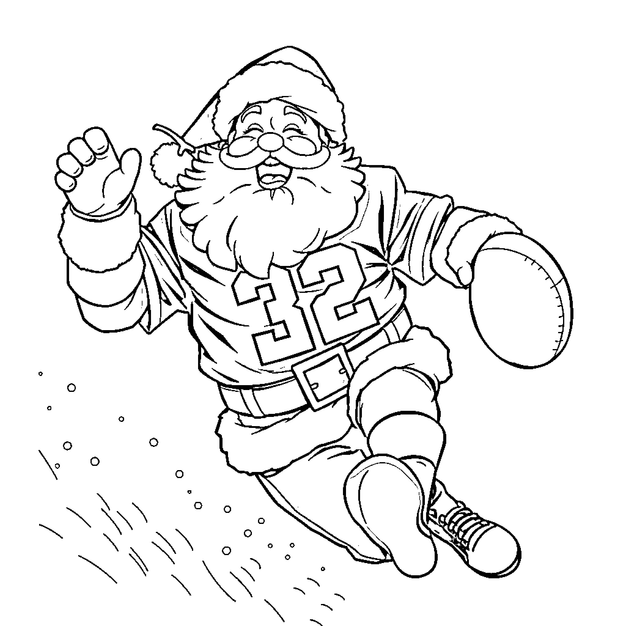 Santa Playing a Winter Sport Happily Coloring Page (free black-and-white line drawing printable PDF for all, from beginners to advanced learners, including children, teens, adults, and seniors)