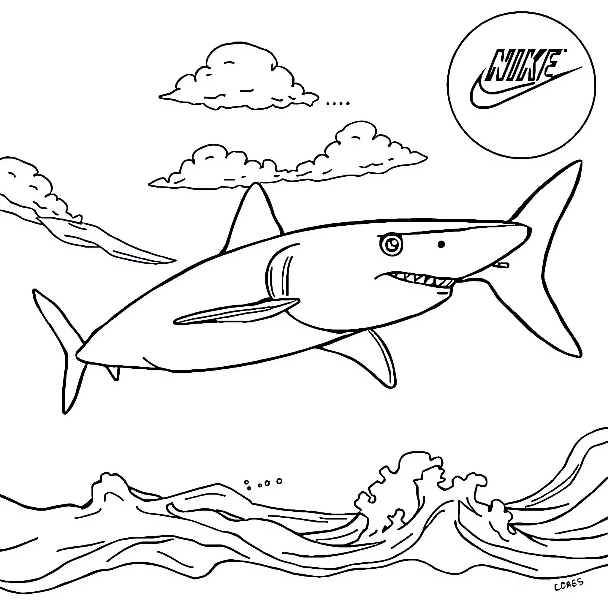 Tiburon swimming through the waves with a Nike logo Coloring Page (free black-and-white line drawing printable PDF for all, from beginners to advanced learners, including children, teens, adults, and seniors)