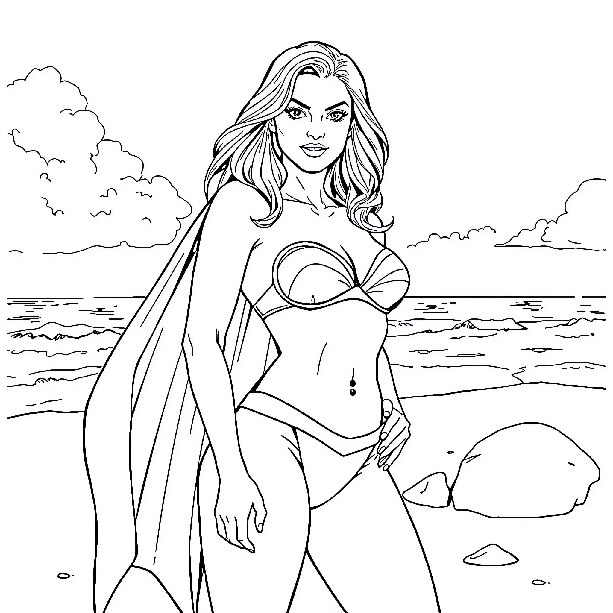 Super Girl Enjoying the Beach Scenery Coloring Page (free black-and-white line drawing printable PDF for all, from beginners to advanced learners, including children, teens, adults, and seniors)
