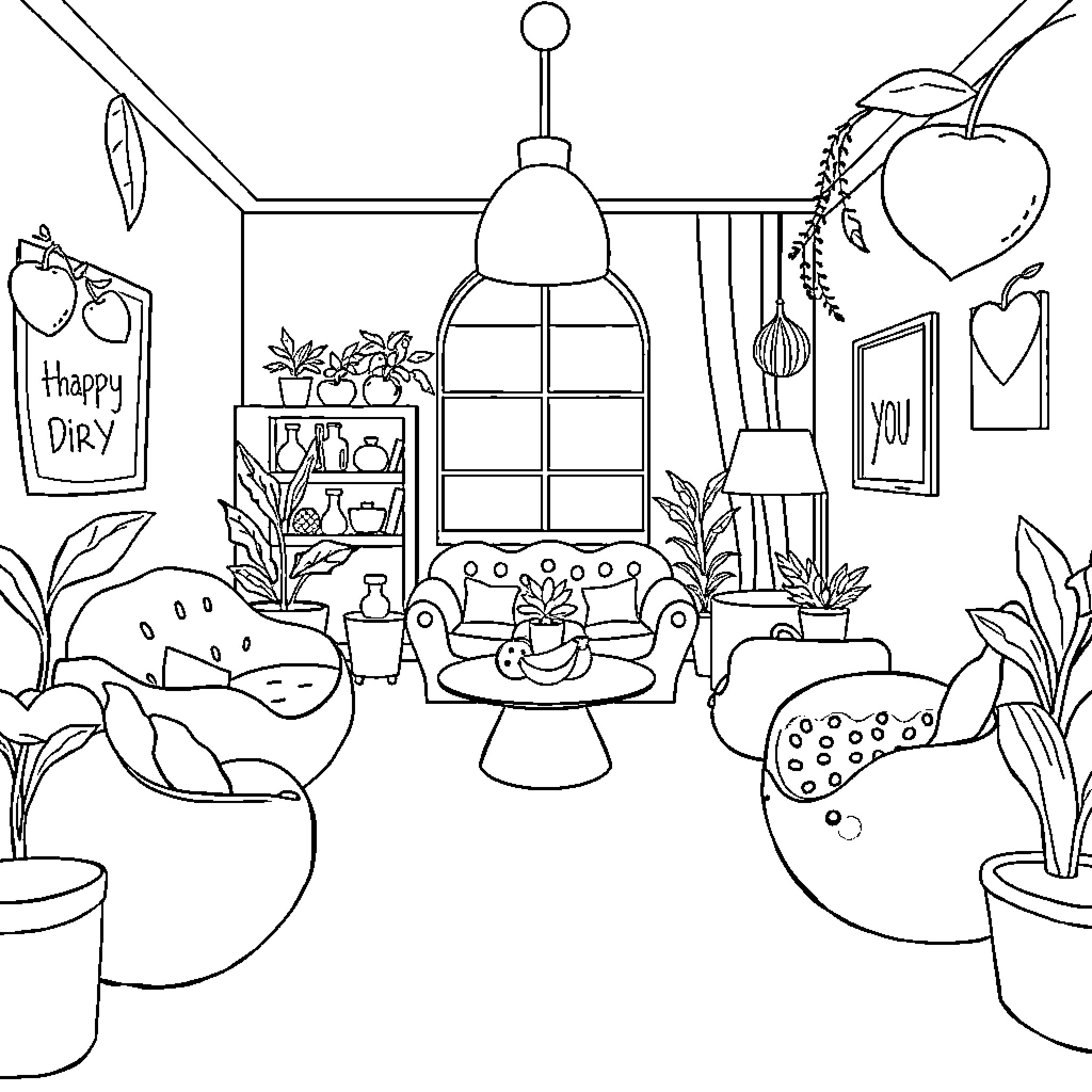 Furniture depicting a cozy indoor scene Coloring Page (free black-and-white line drawing printable PDF for all, from beginners to advanced learners, including children, teens, adults, and seniors)