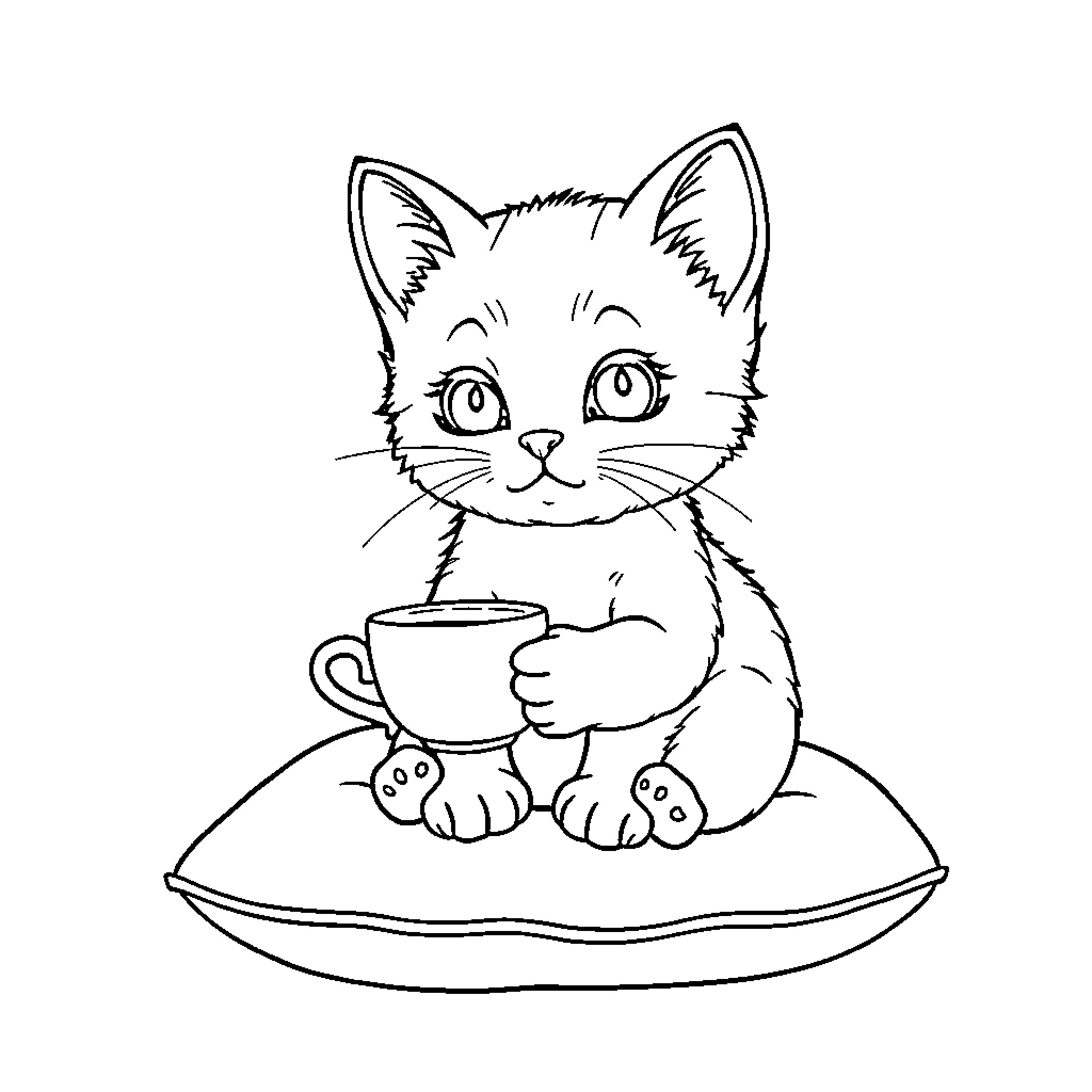 Kitty enjoying a warm beverage on a cozy pillow Coloring Page (free black-and-white line drawing printable PDF for all, from beginners to advanced learners, including children, teens, adults, and seniors)