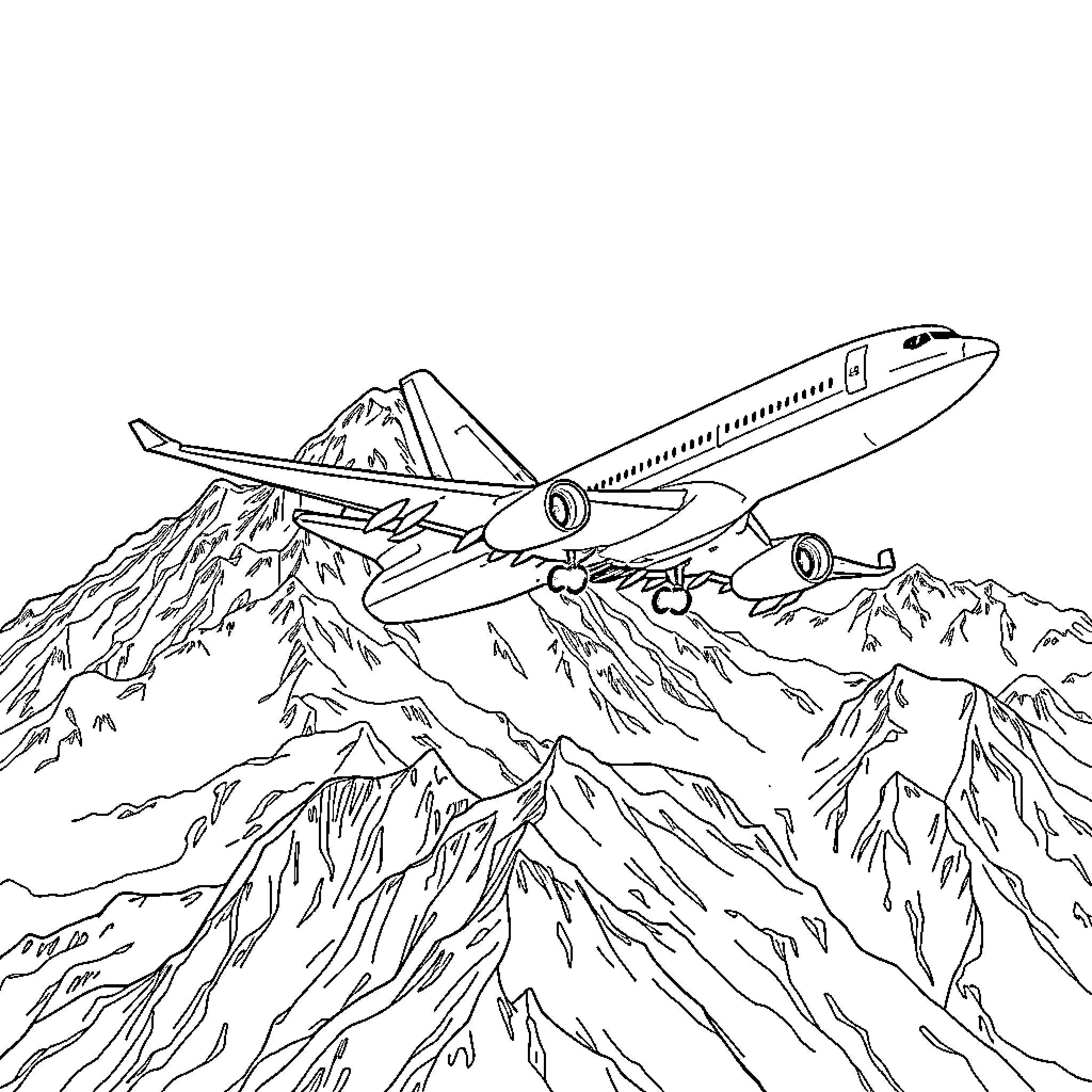 747 Airplane Flying Over Majestic Mountain Range Coloring Page (free black-and-white line drawing printable PDF for all, from beginners to advanced learners, including children, teens, adults, and seniors)