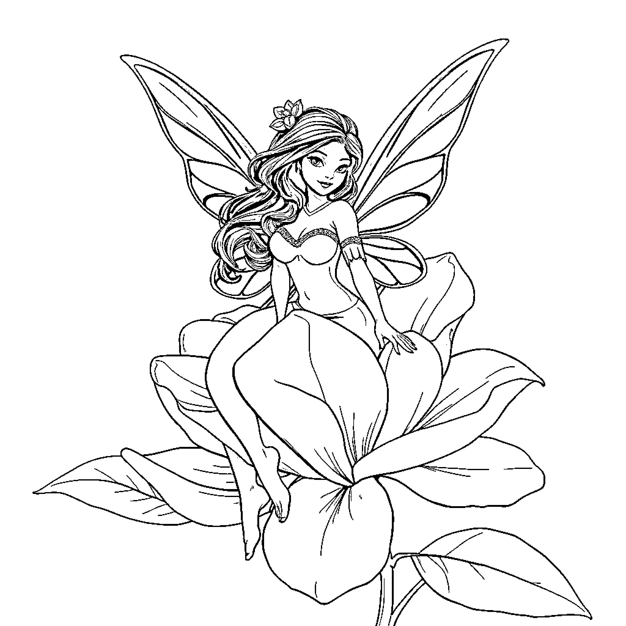 Fairy resting gracefully on a flower Coloring Page (free black-and-white line drawing printable PDF for all, from beginners to advanced learners, including children, teens, adults, and seniors)