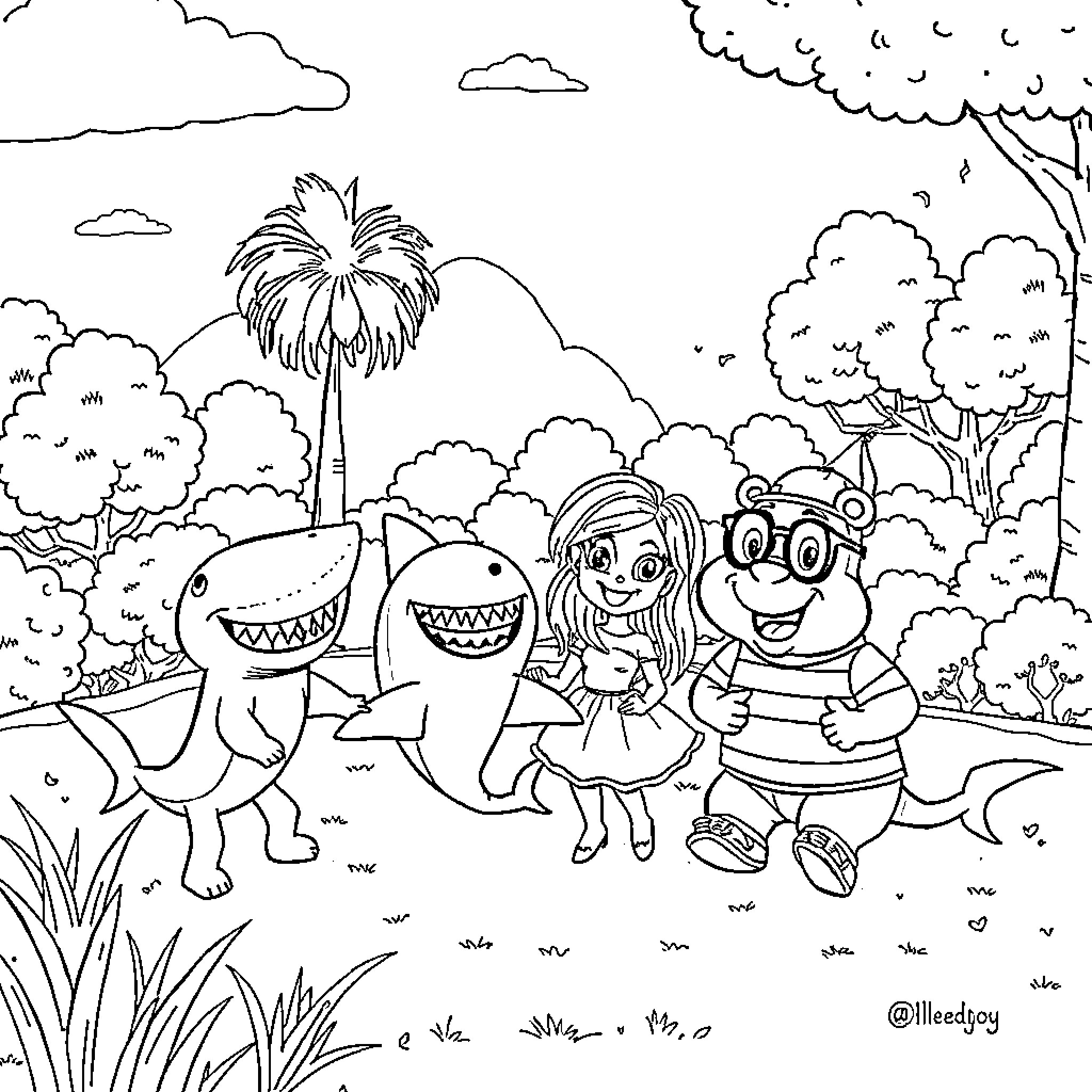 Sharko and friends explore the jungle playground Coloring Page (free black-and-white line drawing printable PDF for all, from beginners to advanced learners, including children, teens, adults, and seniors)