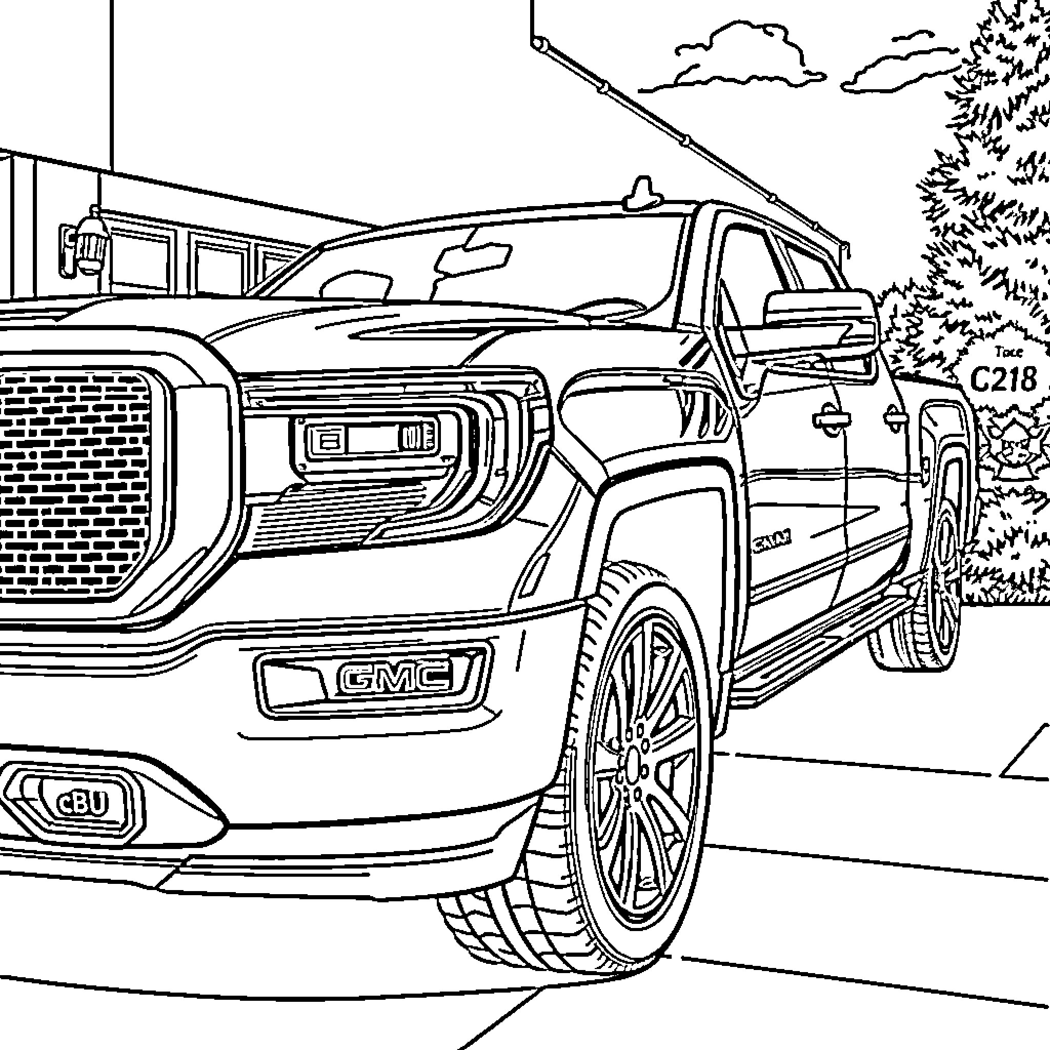 GMC Truck Parked in Front of Forested Scene Coloring Page (free black-and-white line drawing printable PDF for all, from beginners to advanced learners, including children, teens, adults, and seniors)