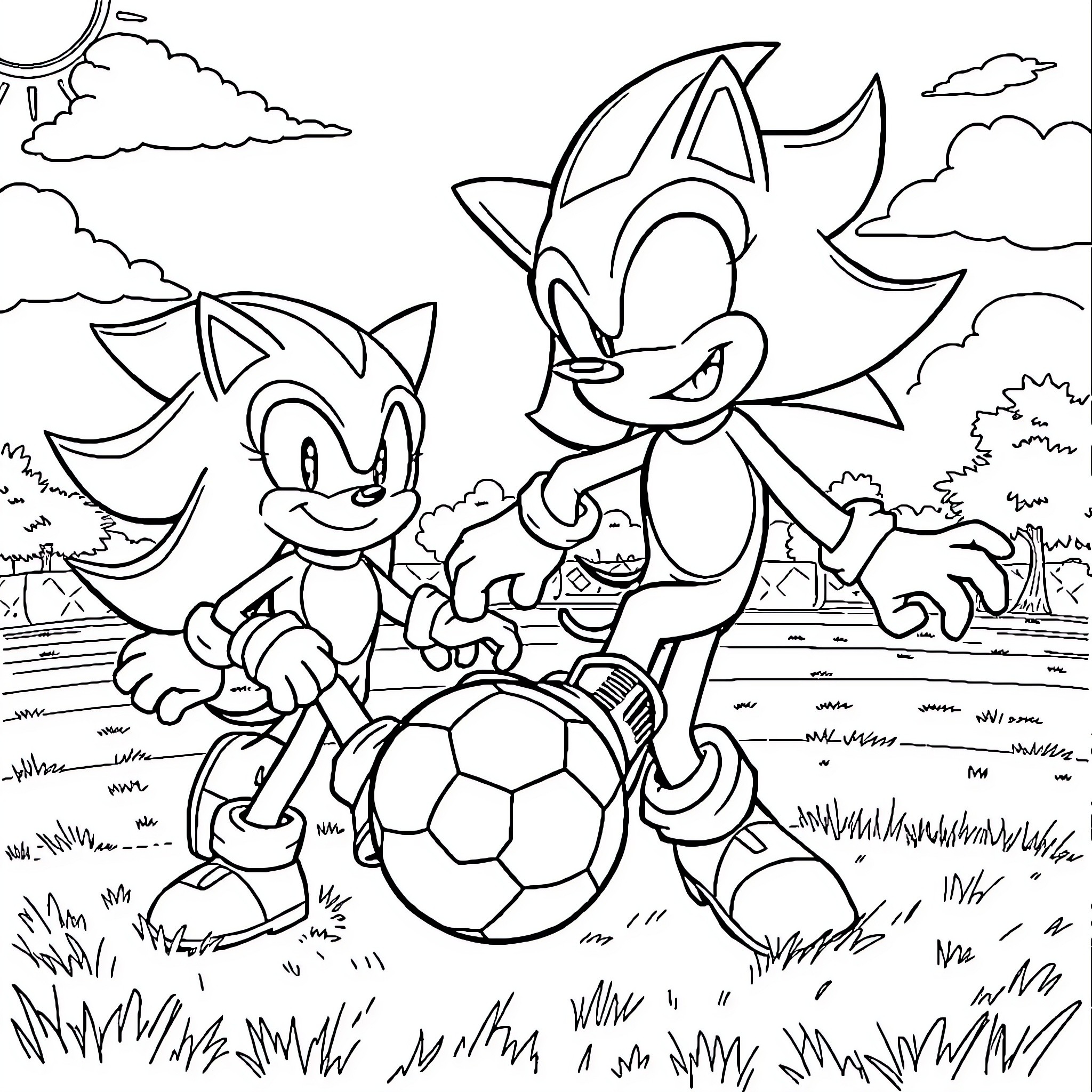 Sonic and Friends Playing Soccer in the Park Coloring Page (free black-and-white line drawing printable PDF for all, from beginners to advanced learners, including children, teens, adults, and seniors)