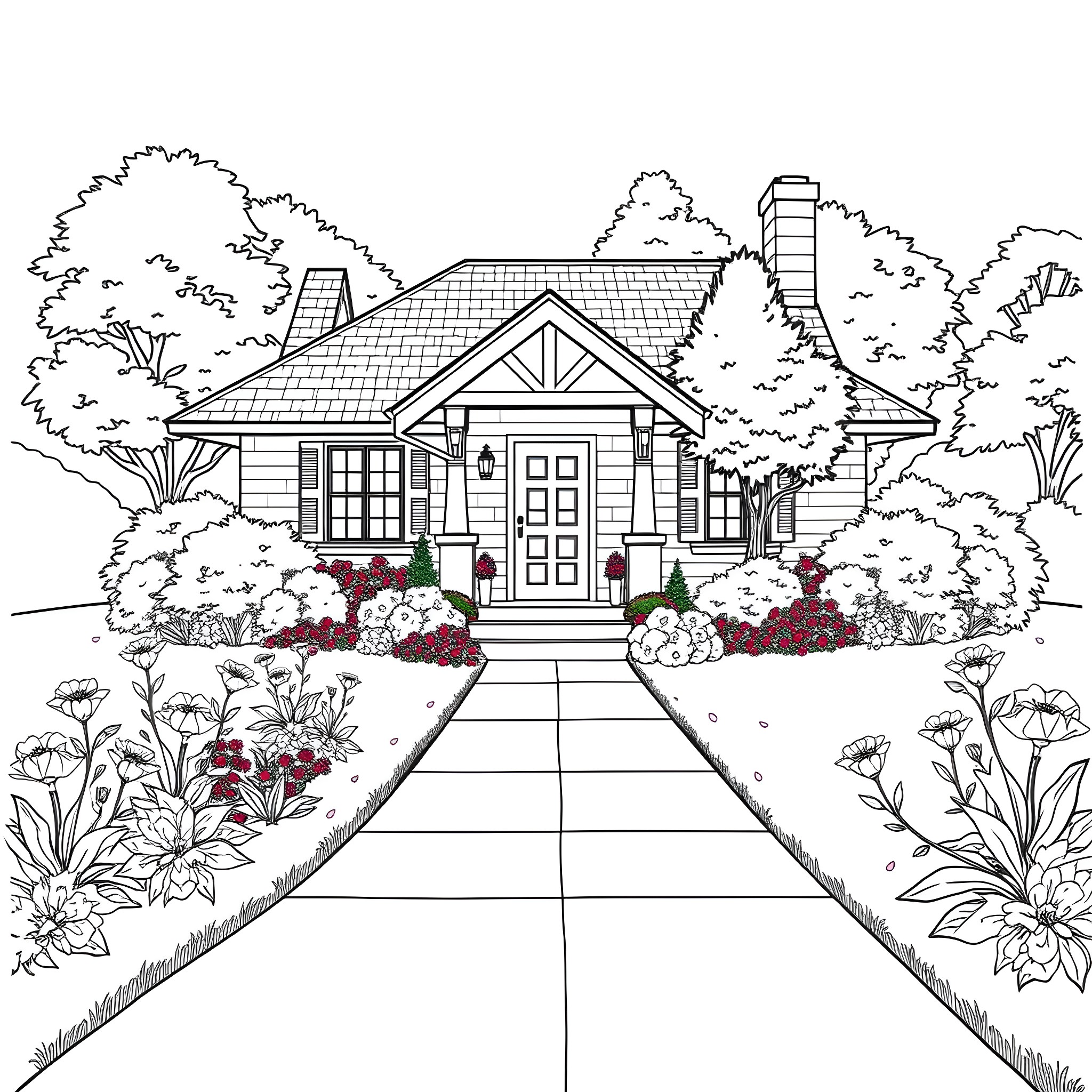 House with Flowers and Path in a Scenic Landscape Coloring Page (free black-and-white line drawing printable PDF for all, from beginners to advanced learners, including children, teens, adults, and seniors)