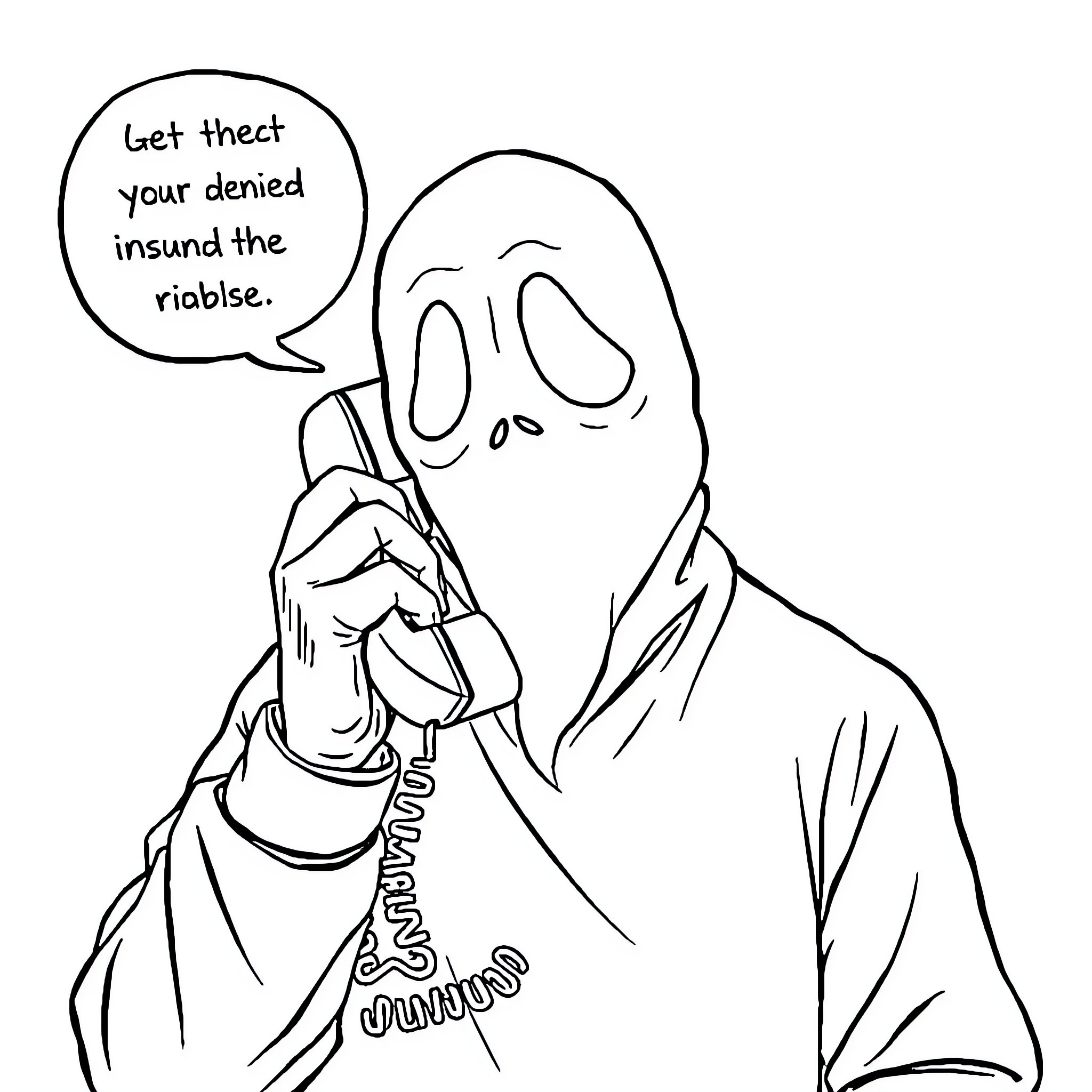 Ghostface making a mocking call Coloring Page (free black-and-white line drawing printable PDF for all, from beginners to advanced learners, including children, teens, adults, and seniors)