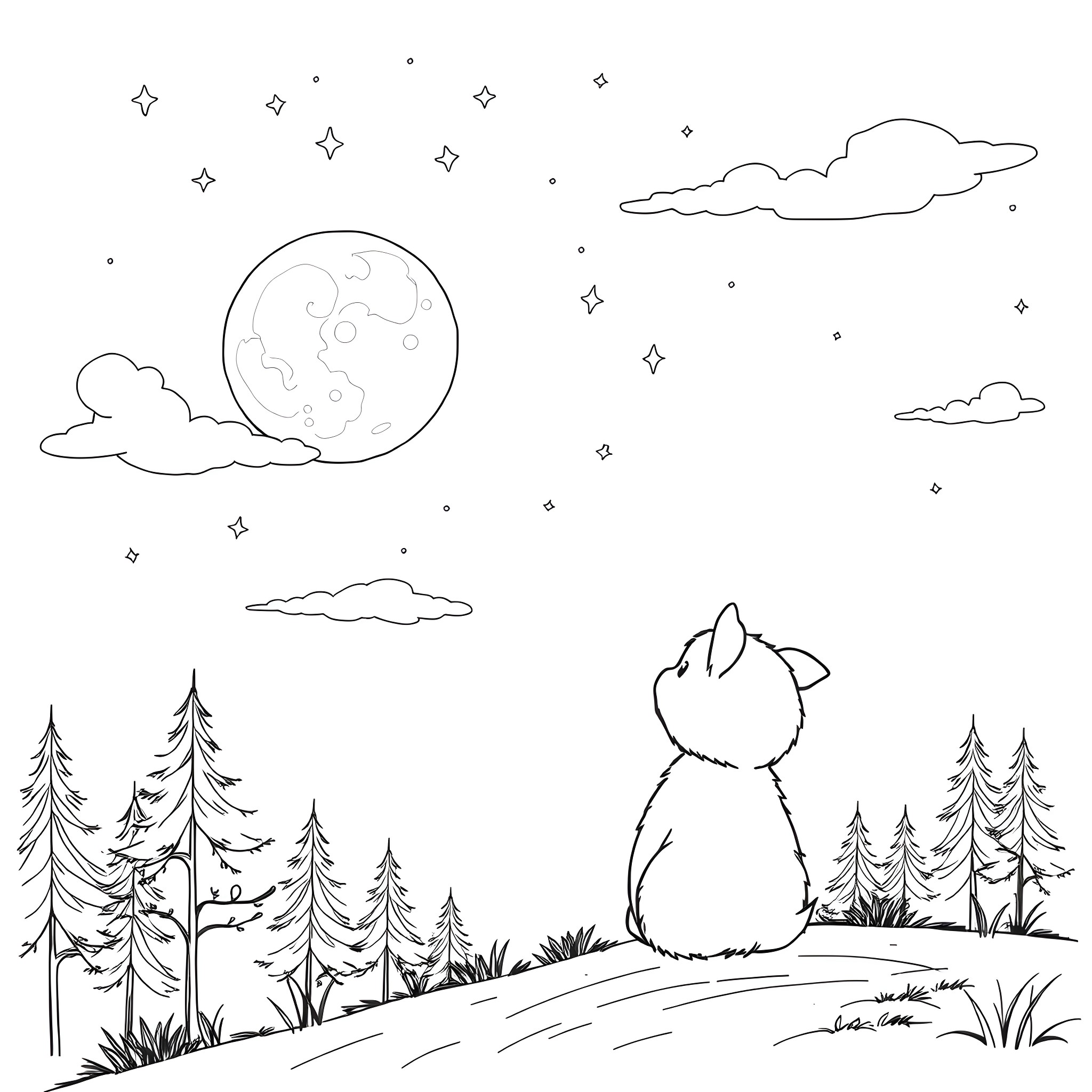 Labubu enjoys a starry night in the forest Coloring Page (free black-and-white line drawing printable PDF for all, from beginners to advanced learners, including children, teens, adults, and seniors)