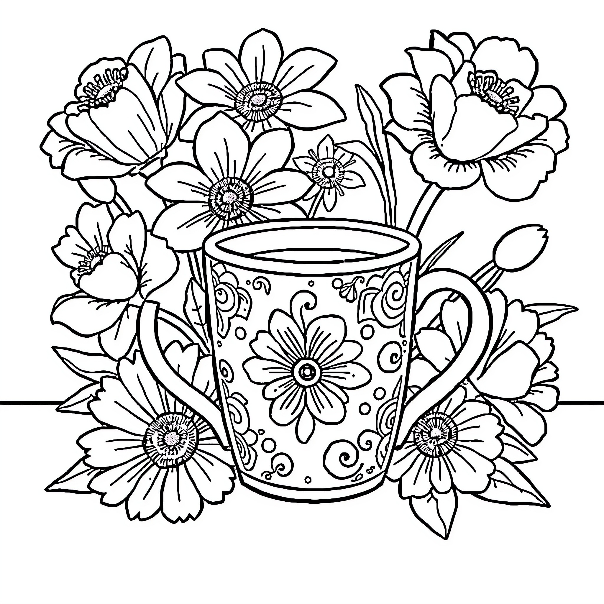 Coffee Mug with Vibrant Floral Arrangement Coloring Page (free black-and-white line drawing printable PDF for all, from beginners to advanced learners, including children, teens, adults, and seniors)