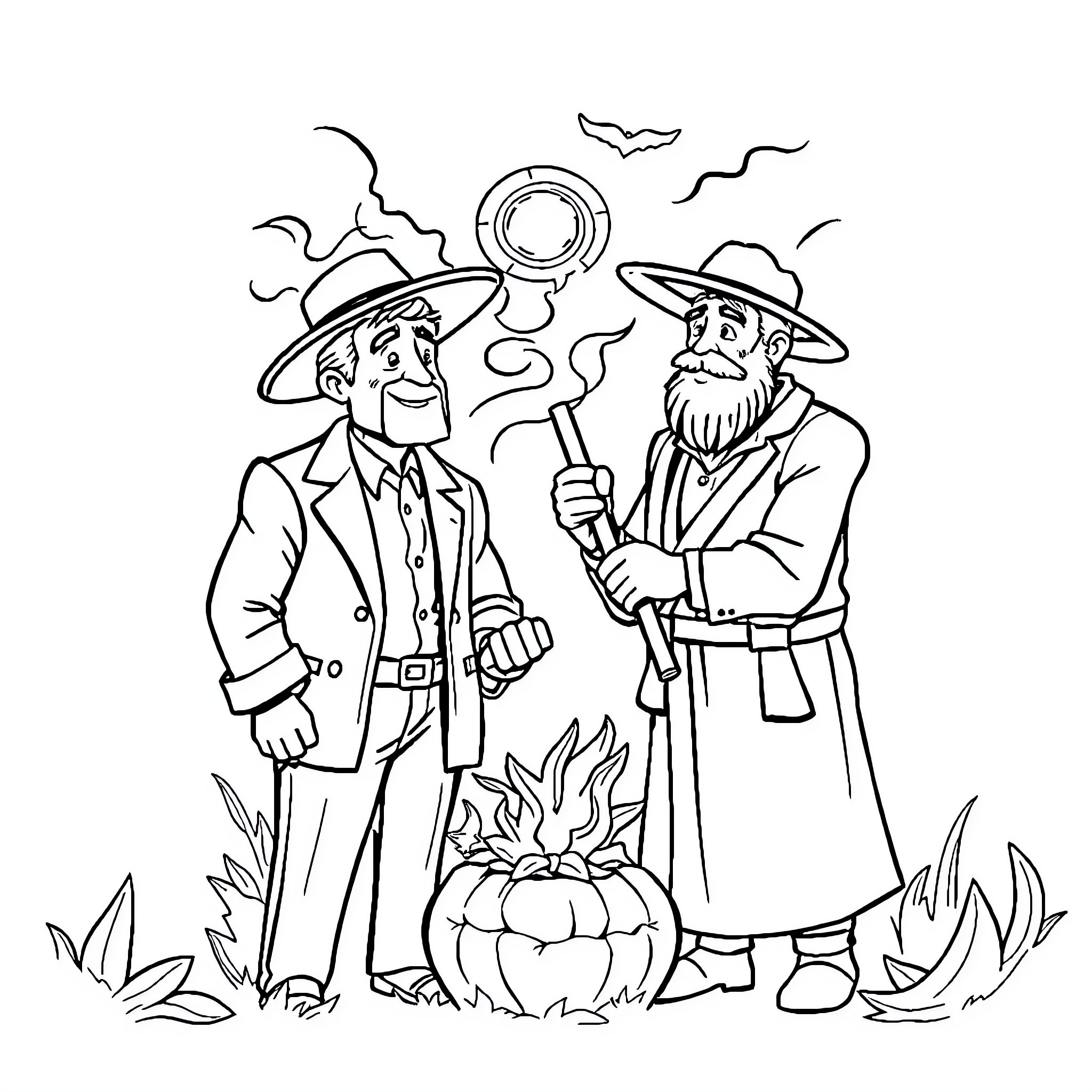 Daddy's Campfire Adventure with Grandpa Coloring Page (free black-and-white line drawing printable PDF for all, from beginners to advanced learners, including children, teens, adults, and seniors)
