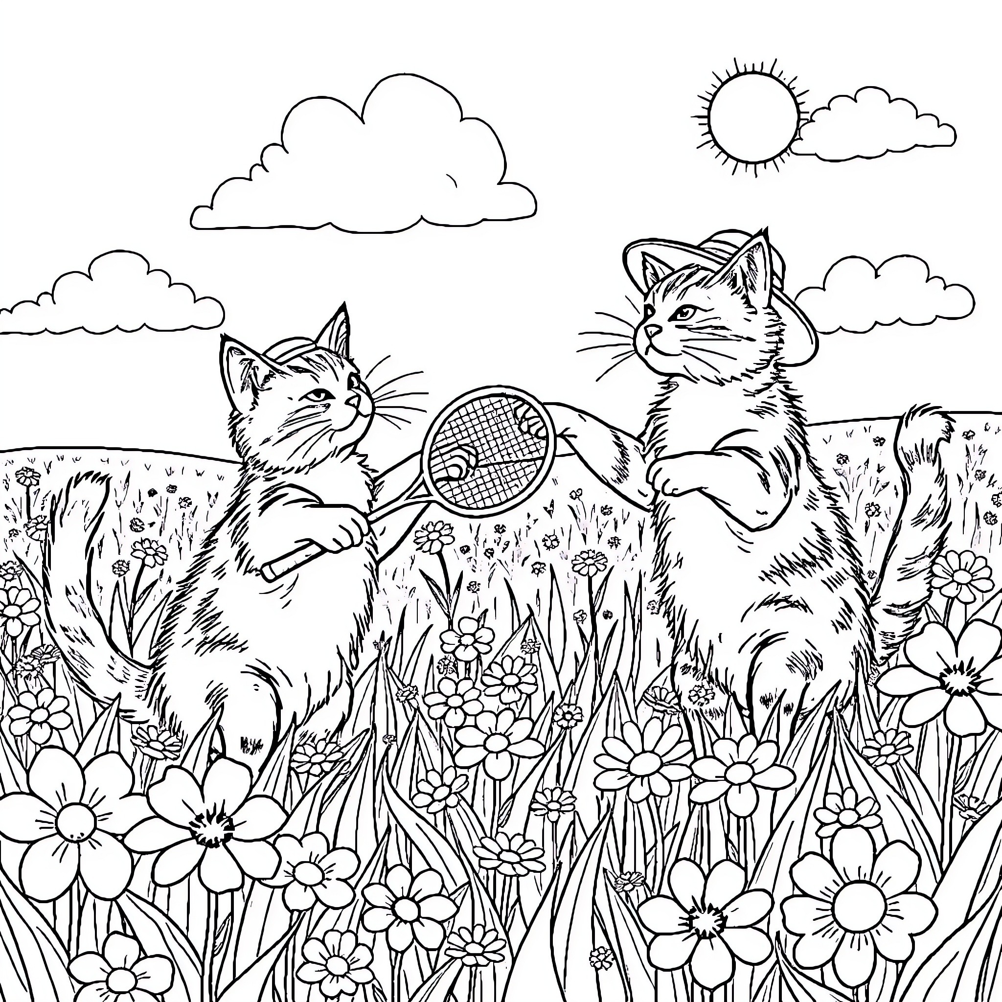 Cats exploring the floral garden Coloring Page (free black-and-white line drawing printable PDF for all, from beginners to advanced learners, including children, teens, adults, and seniors)