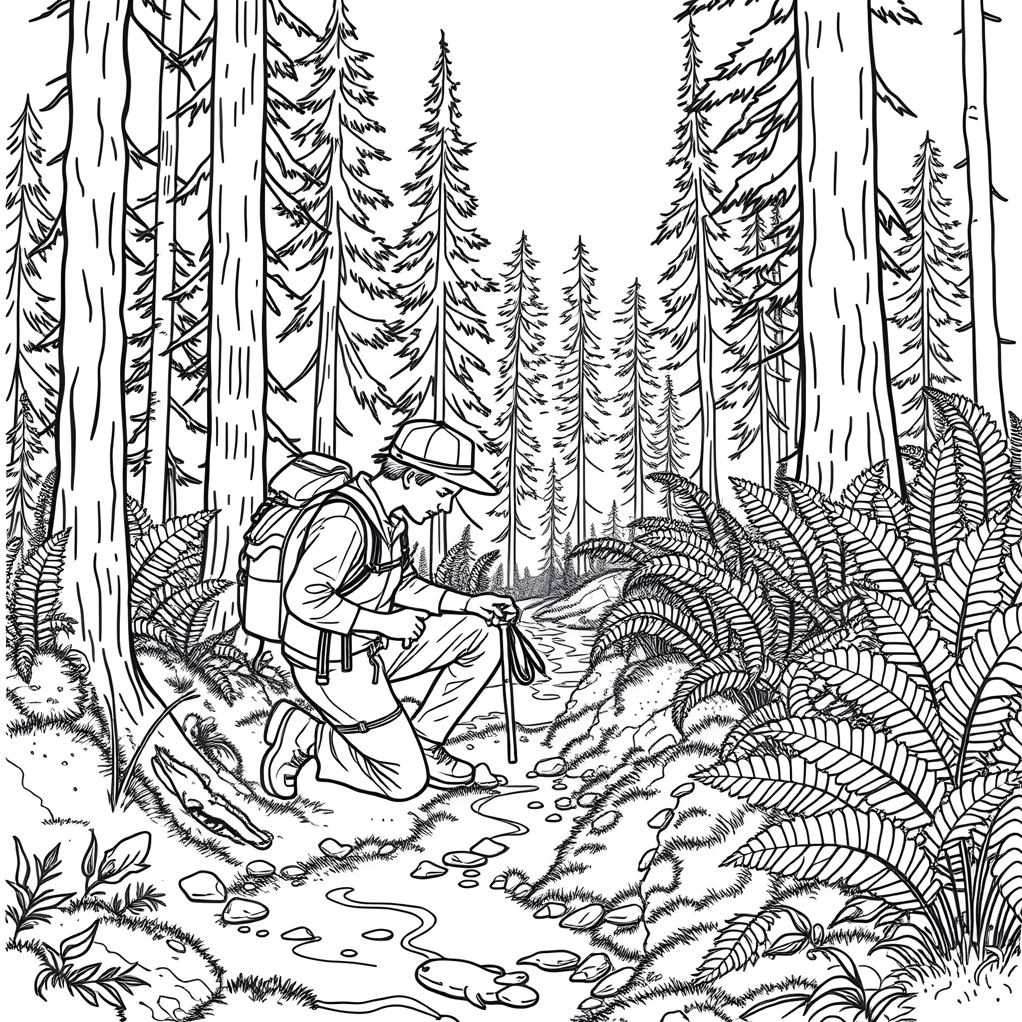 Ranger exploring the wilderness Coloring Page (free black-and-white line drawing printable PDF for all, from beginners to advanced learners, including children, teens, adults, and seniors)