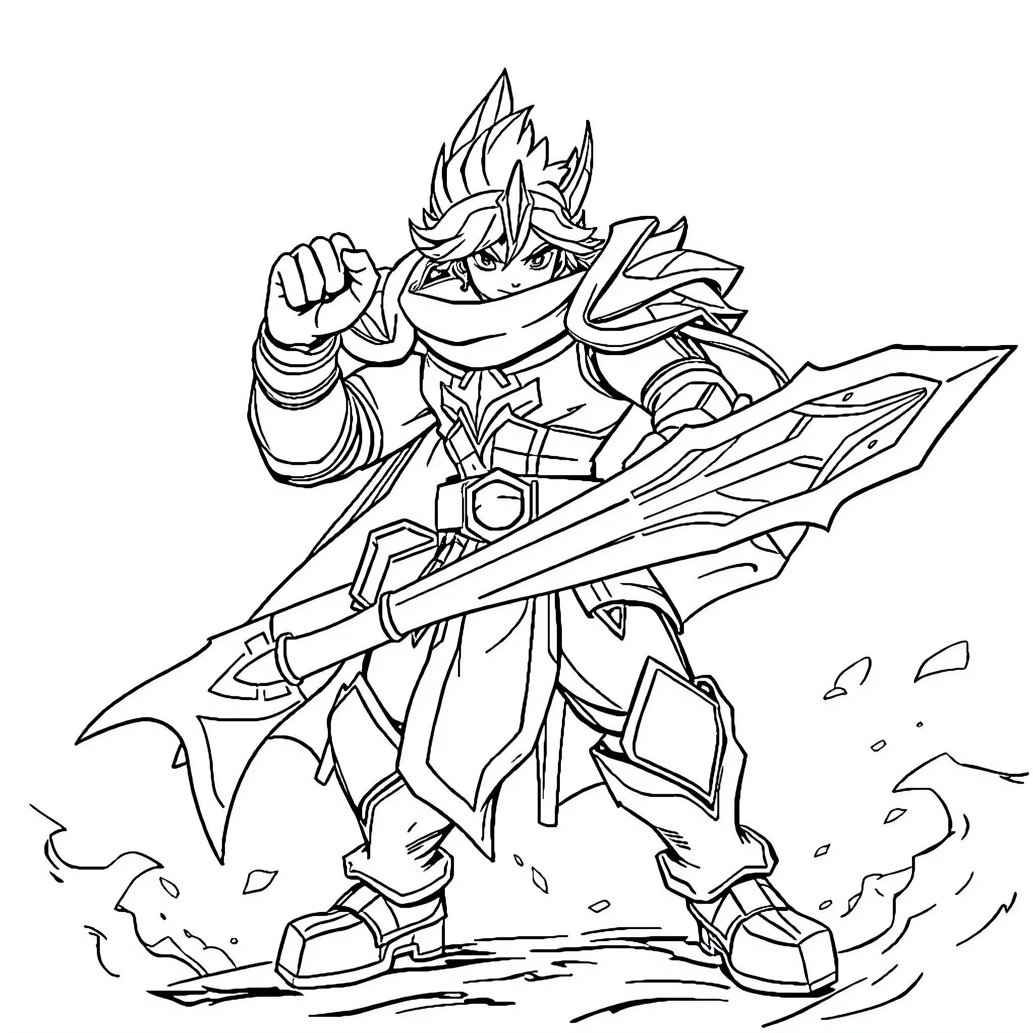 Hero Warrior Wielding Mighty Blade in Action Coloring Page (free black-and-white line drawing printable PDF for all, from beginners to advanced learners, including children, teens, adults, and seniors)