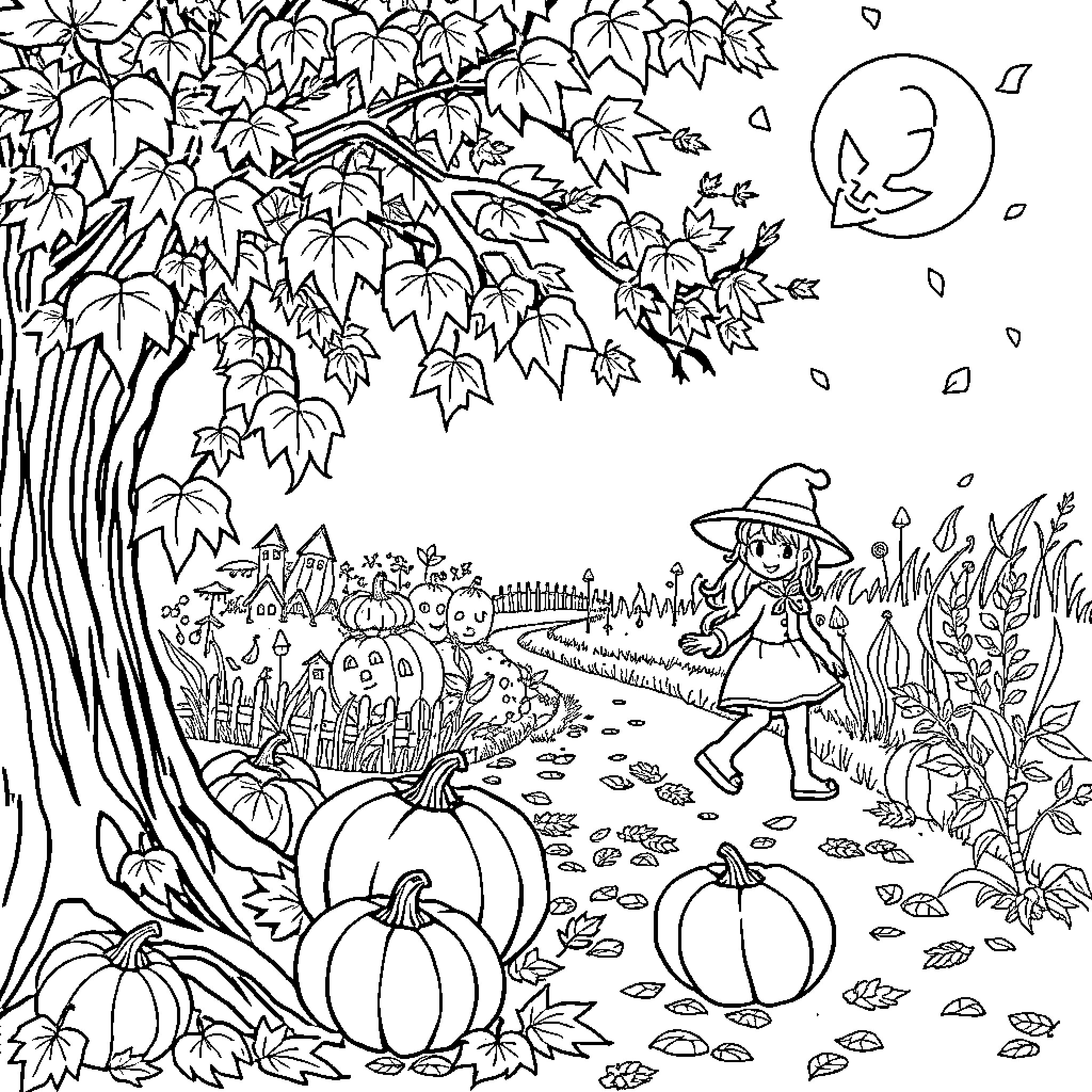 Halloween Trick-or-Treating in a Whimsical Autumn Landscape Coloring Page (free black-and-white line drawing printable PDF for all, from beginners to advanced learners, including children, teens, adults, and seniors)