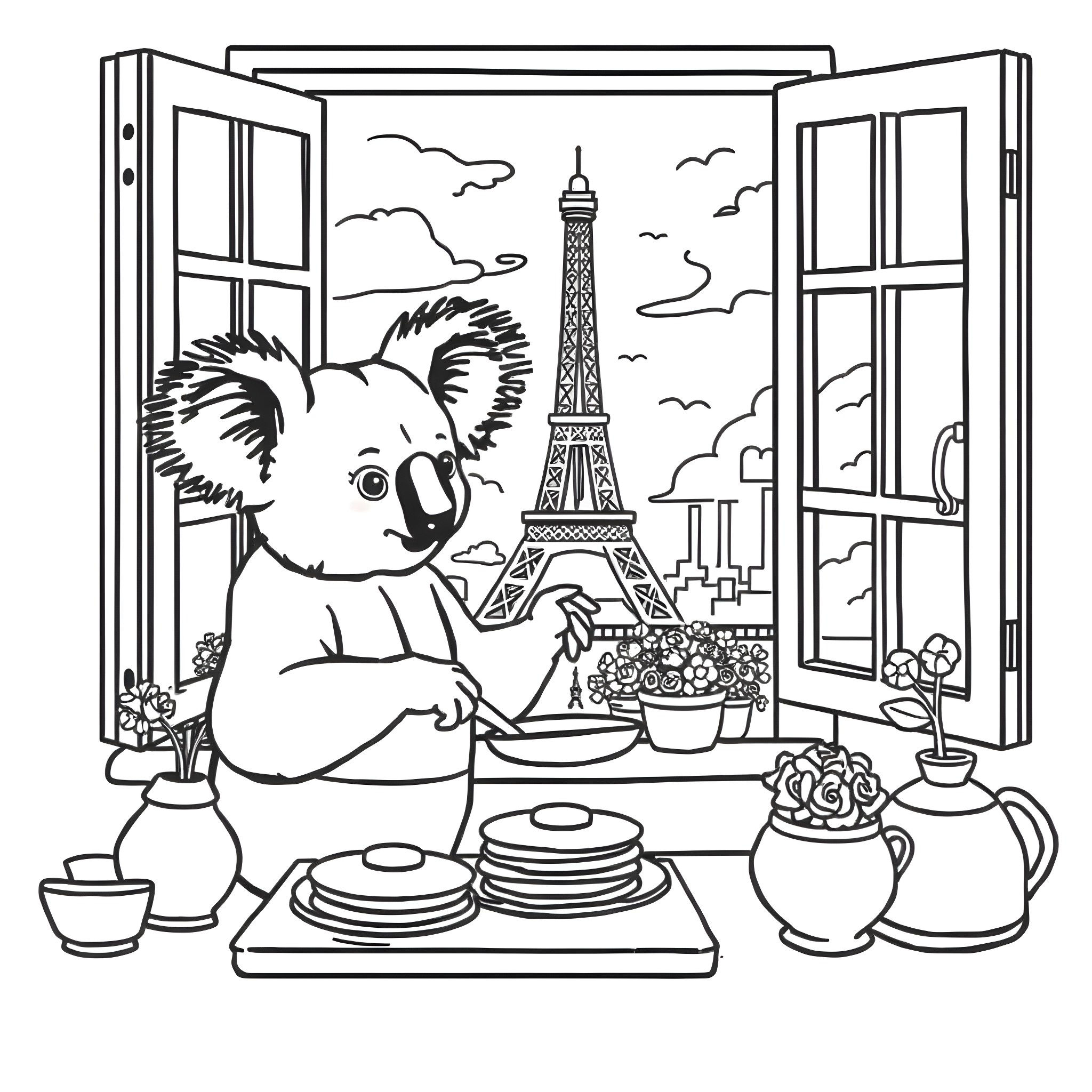 Koala enjoying a meal with a view of the Eiffel Tower Coloring Page (free black-and-white line drawing printable PDF for all, from beginners to advanced learners, including children, teens, adults, and seniors)