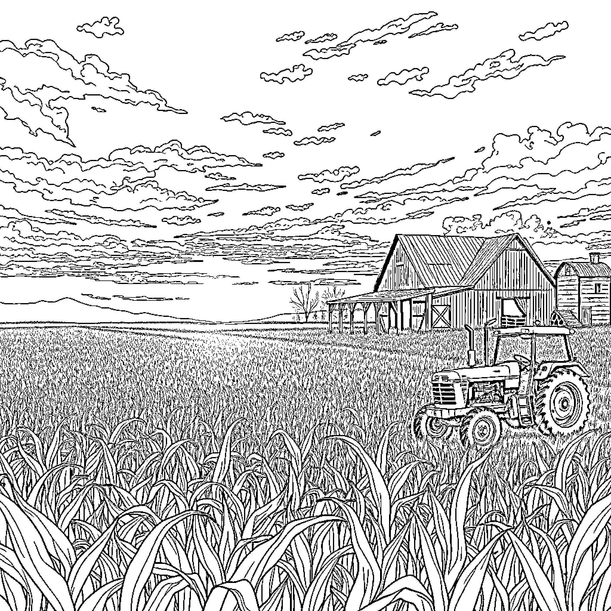 Sunset on a rural farm landscape Coloring Page (free black-and-white line drawing printable PDF for all, from beginners to advanced learners, including children, teens, adults, and seniors)