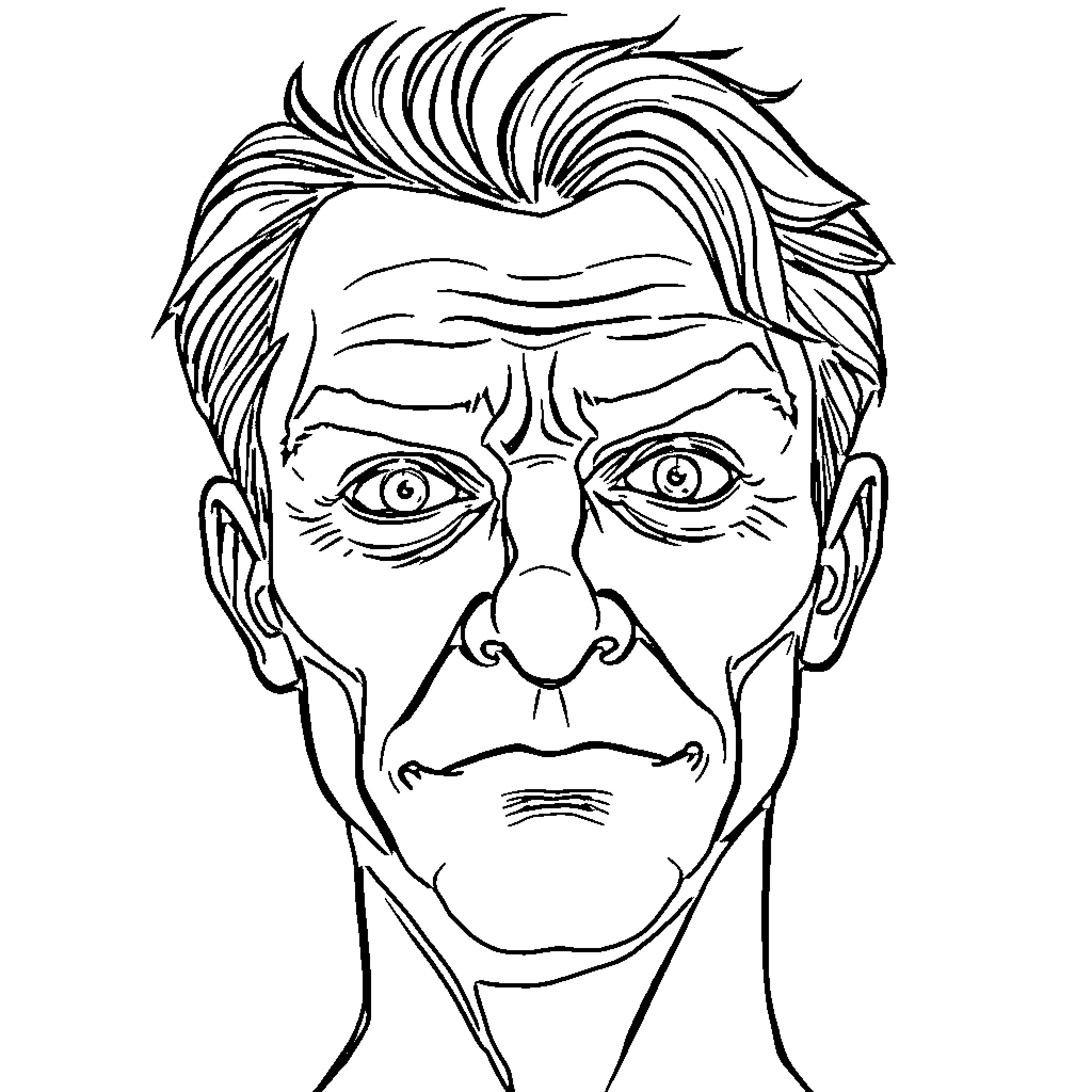 Face of a stern-looking man with a distinctive hairstyle Coloring Page (free black-and-white line drawing printable PDF for all, from beginners to advanced learners, including children, teens, adults, and seniors)