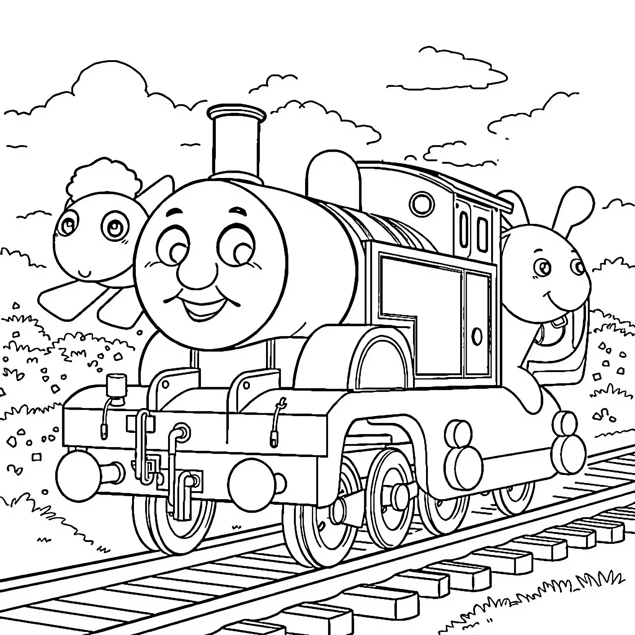 Thomas the Tank Engine Chases Playful Companions Coloring Page (free black-and-white line drawing printable PDF for all, from beginners to advanced learners, including children, teens, adults, and seniors)