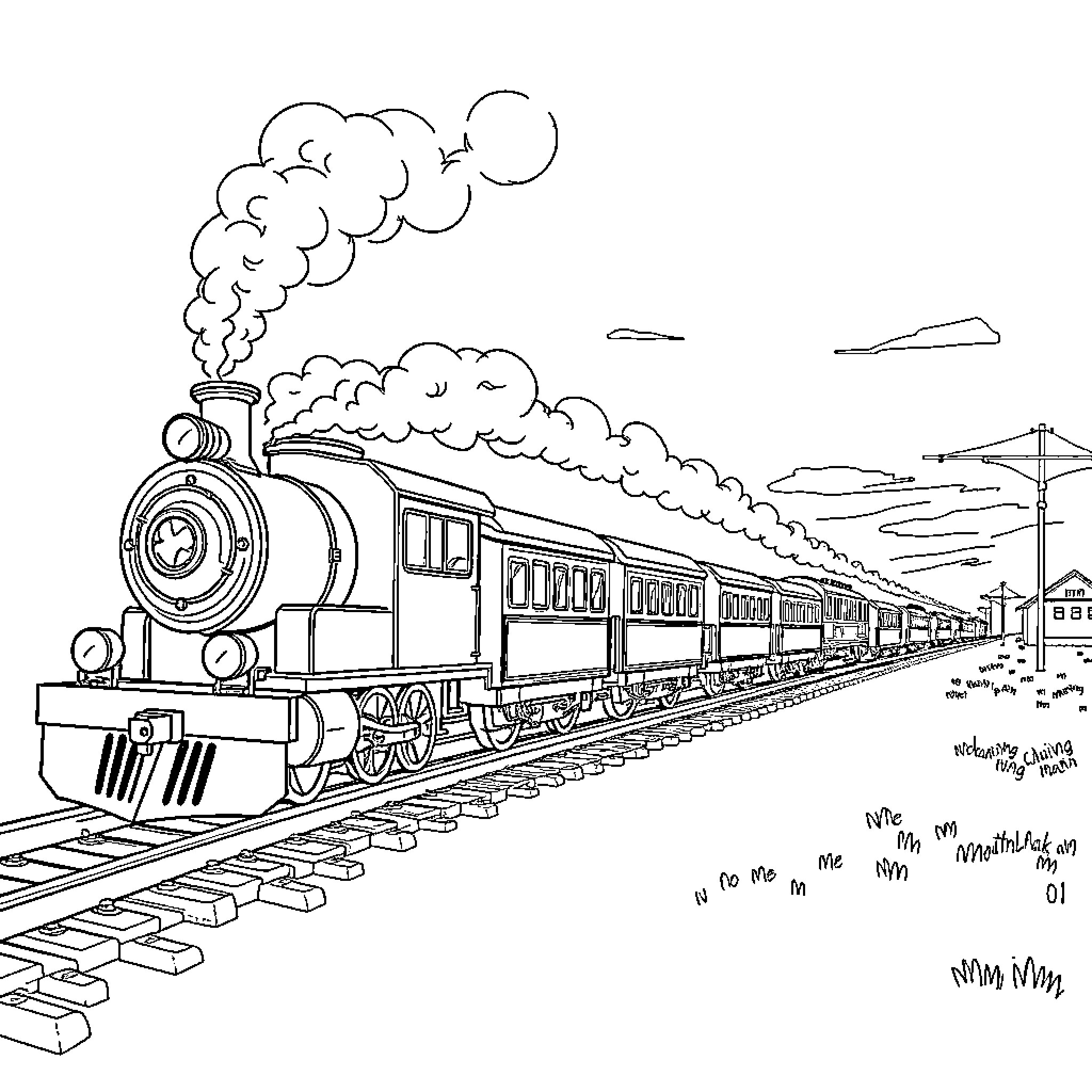 Train moving swiftly through the countryside Coloring Page (free black-and-white line drawing printable PDF for all, from beginners to advanced learners, including children, teens, adults, and seniors)