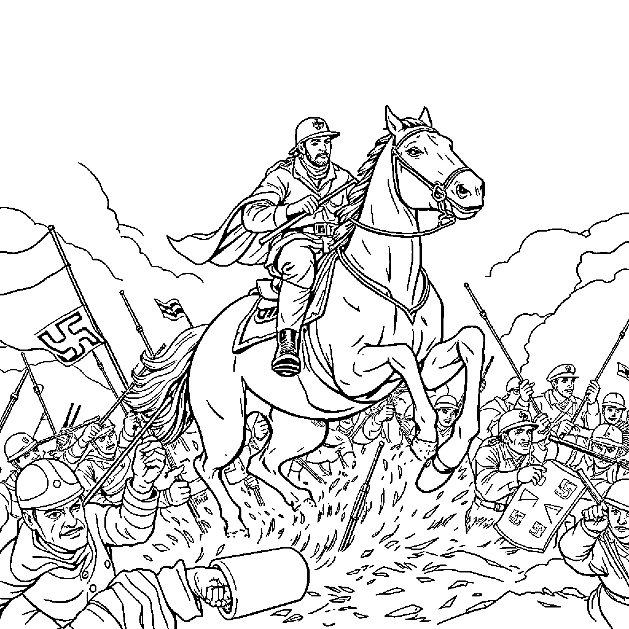Aris Velouchiotis leading armed resistance in the battlefield Coloring Page (free black-and-white line drawing printable PDF for all, from beginners to advanced learners, including children, teens, adults, and seniors)