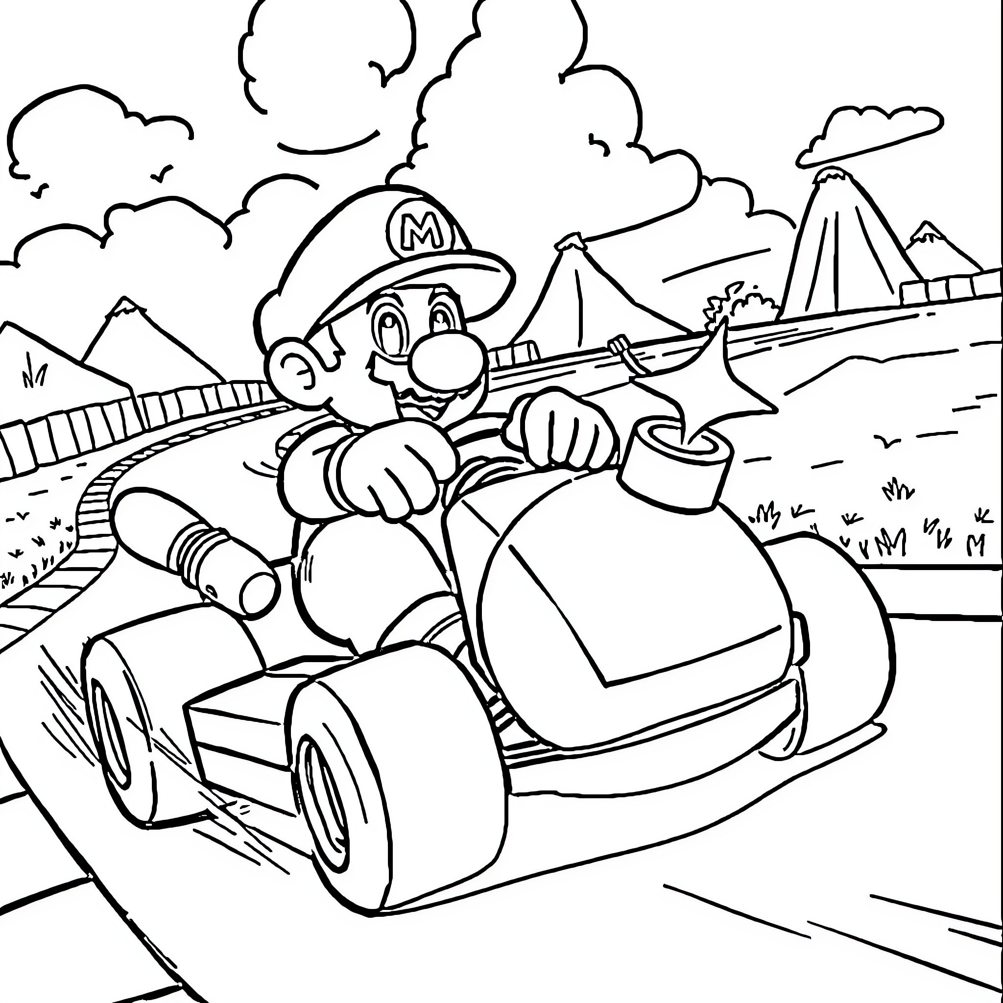 Mario Kart racing through a scenic landscape Coloring Page (free black-and-white line drawing printable PDF for all, from beginners to advanced learners, including children, teens, adults, and seniors)