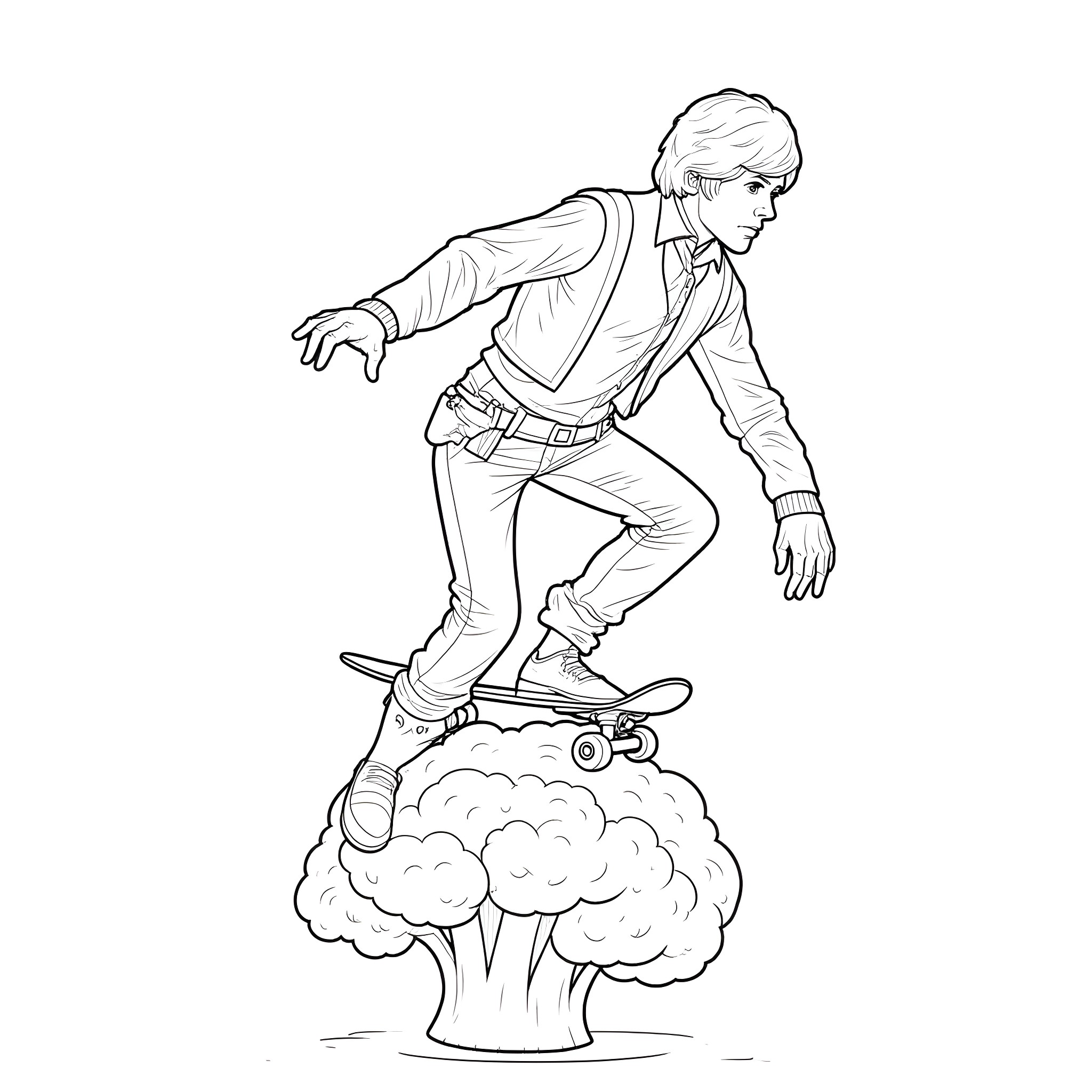 Han Solo riding a hoverboard through clouds Coloring Page (free black-and-white line drawing printable PDF for all, from beginners to advanced learners, including children, teens, adults, and seniors)