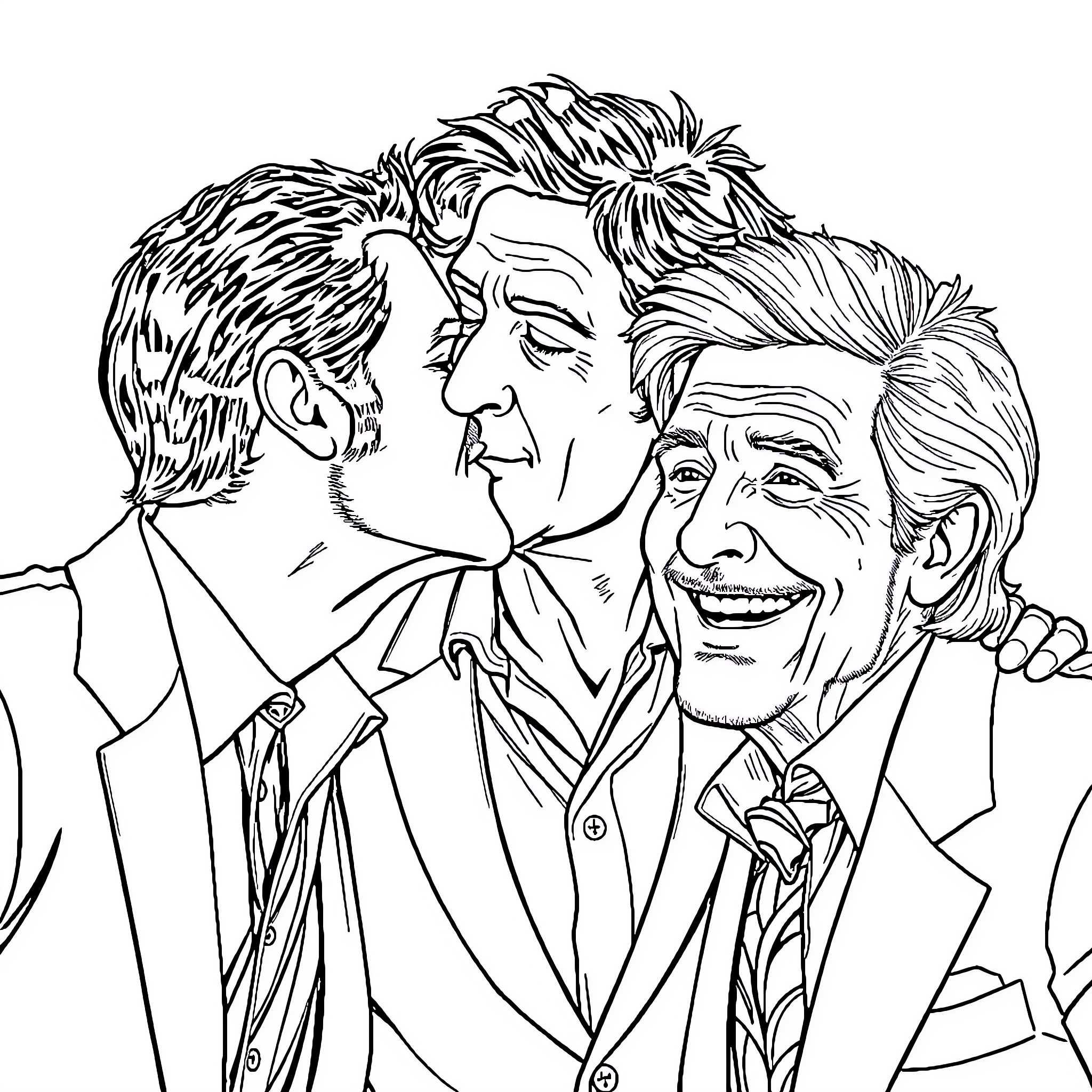 Willem Dafoe smiling with two other men in suits Coloring Page (free black-and-white line drawing printable PDF for all, from beginners to advanced learners, including children, teens, adults, and seniors)