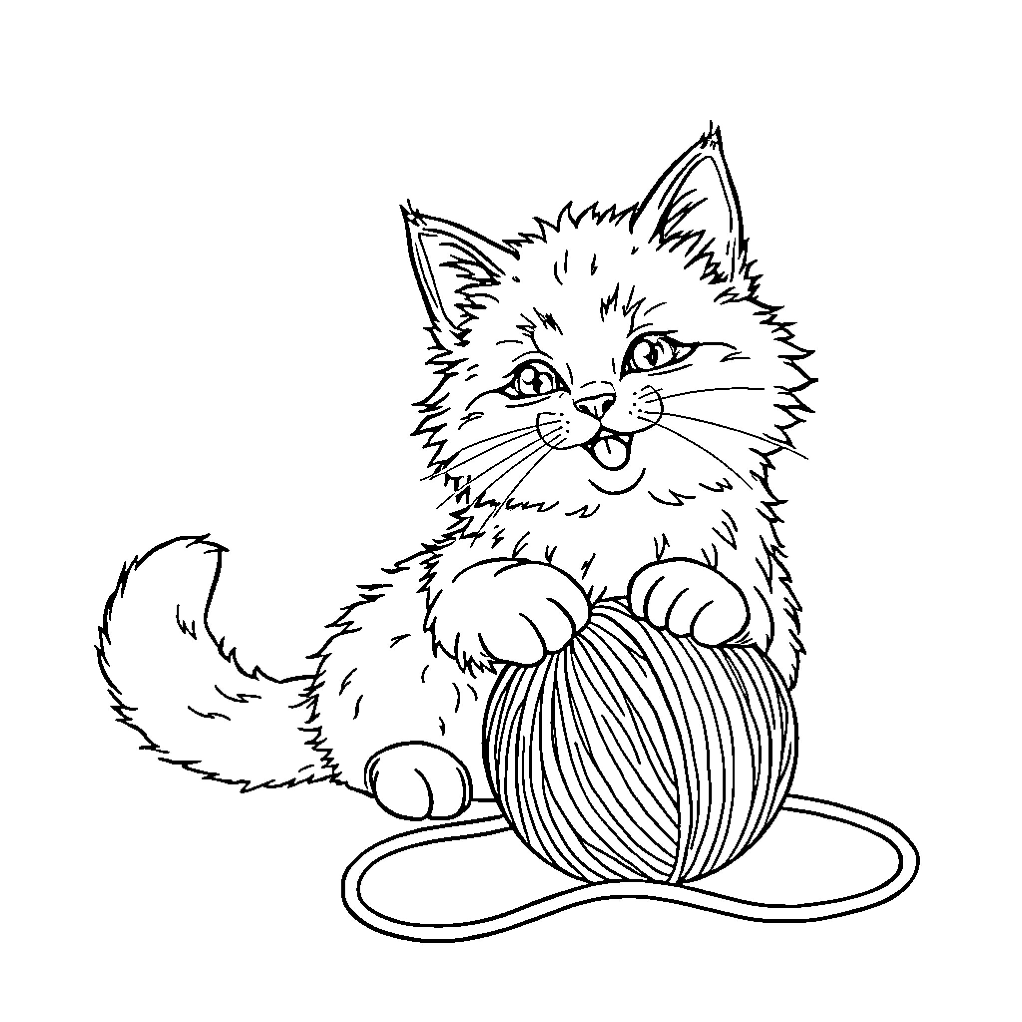 Cat playing with yarn ball Coloring Page (free black-and-white line drawing printable PDF for all, from beginners to advanced learners, including children, teens, adults, and seniors)