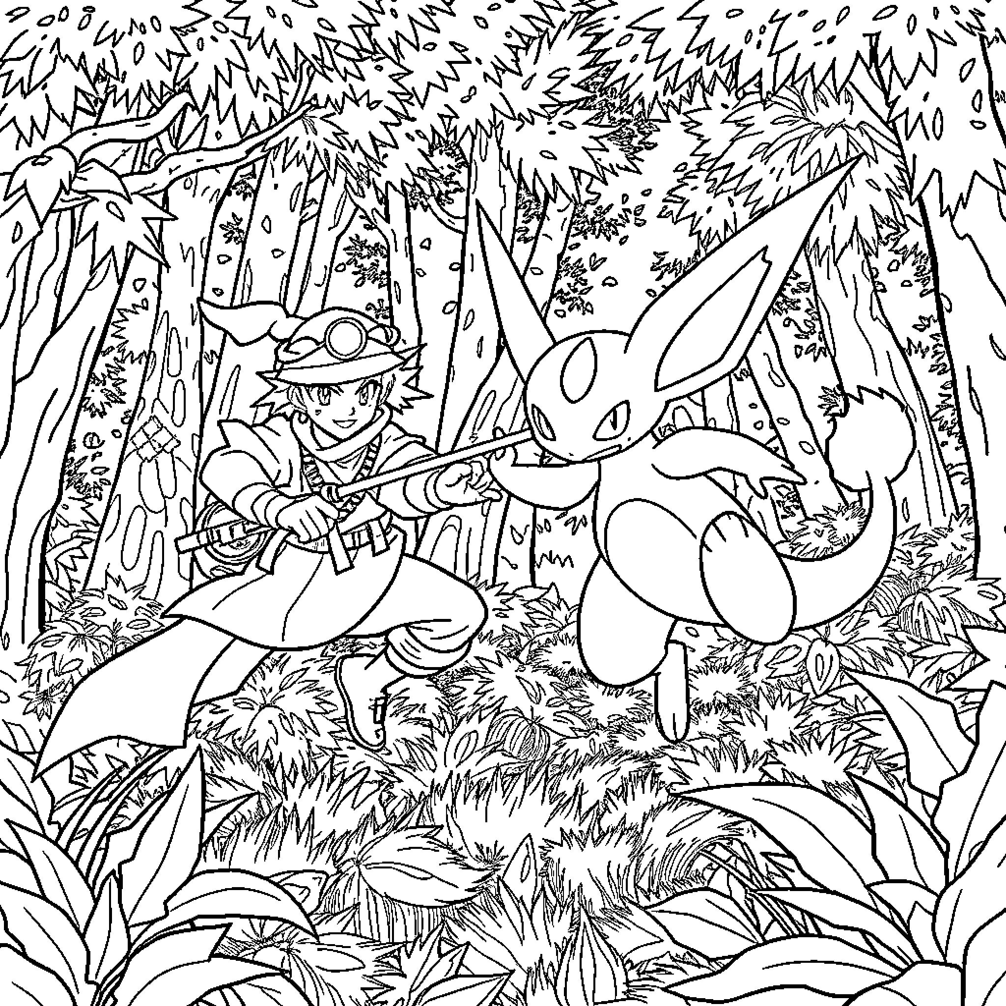 Bounty Hunter Pursues Elusive Prey in Lush Wilderness Coloring Page (free black-and-white line drawing printable PDF for all, from beginners to advanced learners, including children, teens, adults, and seniors)
